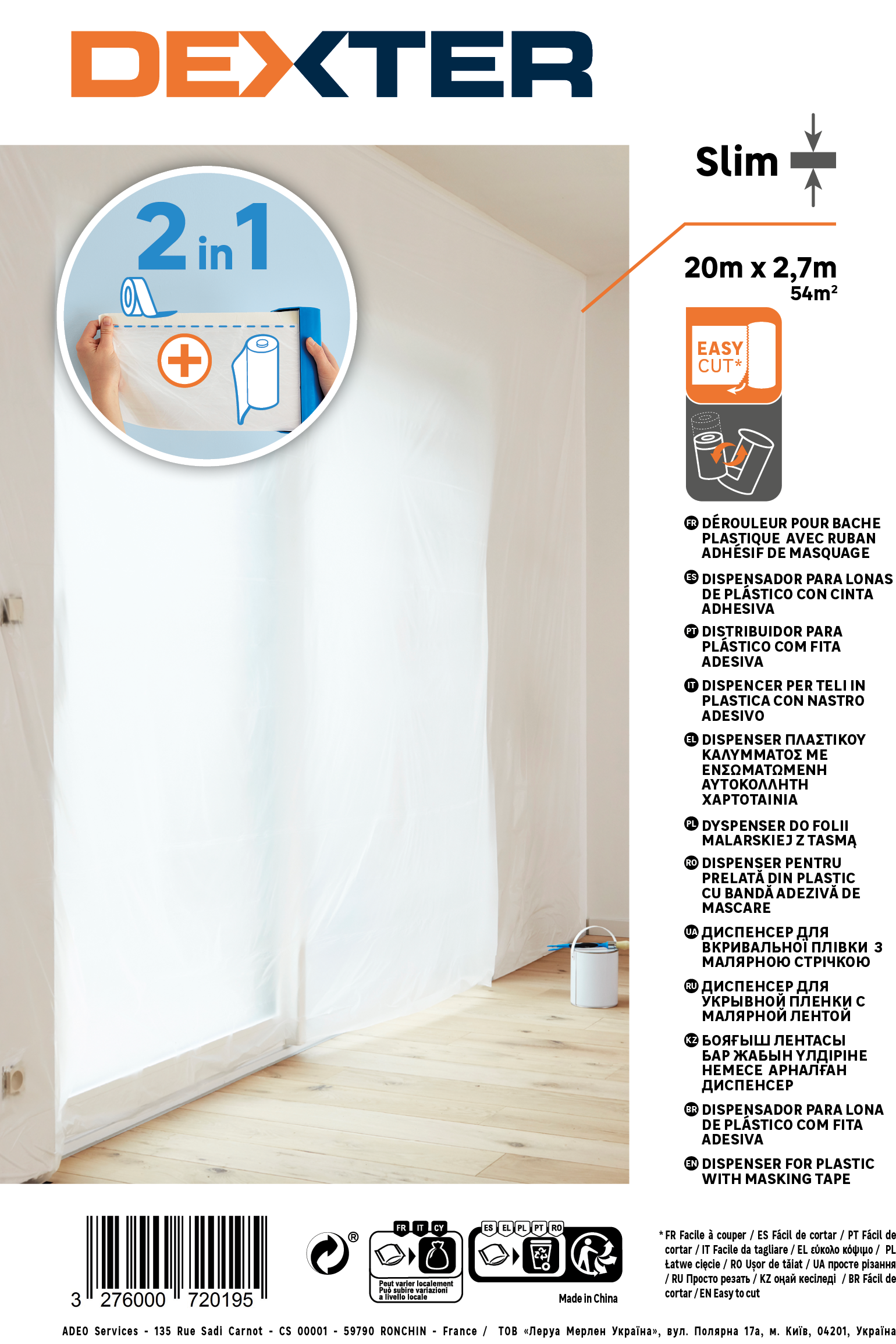 Bâche de protection avec ruban de masquage + recharge DEXTER, L.20 x l.2.7 m - 6