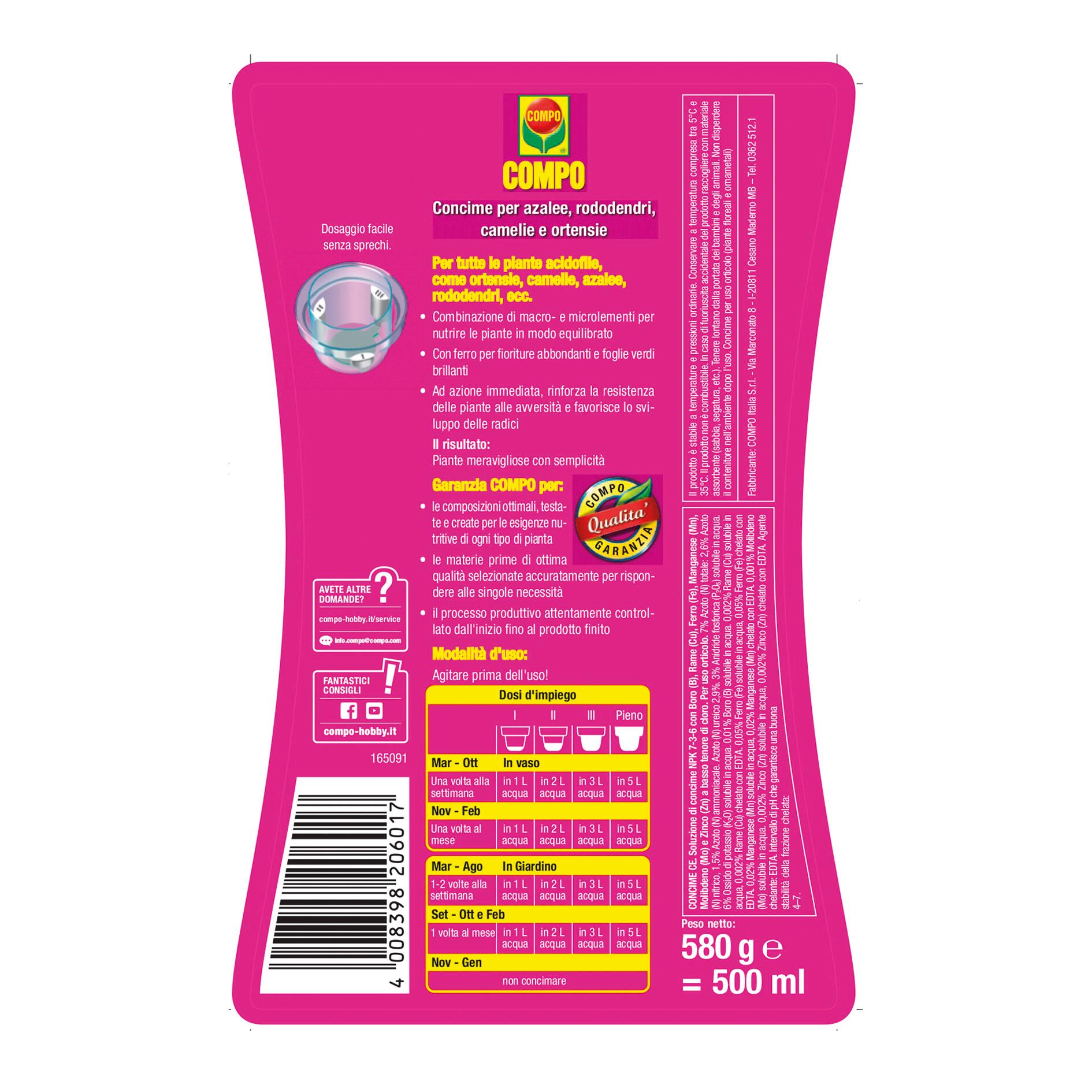 Concime liquido COMPO per ortensie, rododendri rododendri, azalee, camelie e ortensie 0.5 L - 5