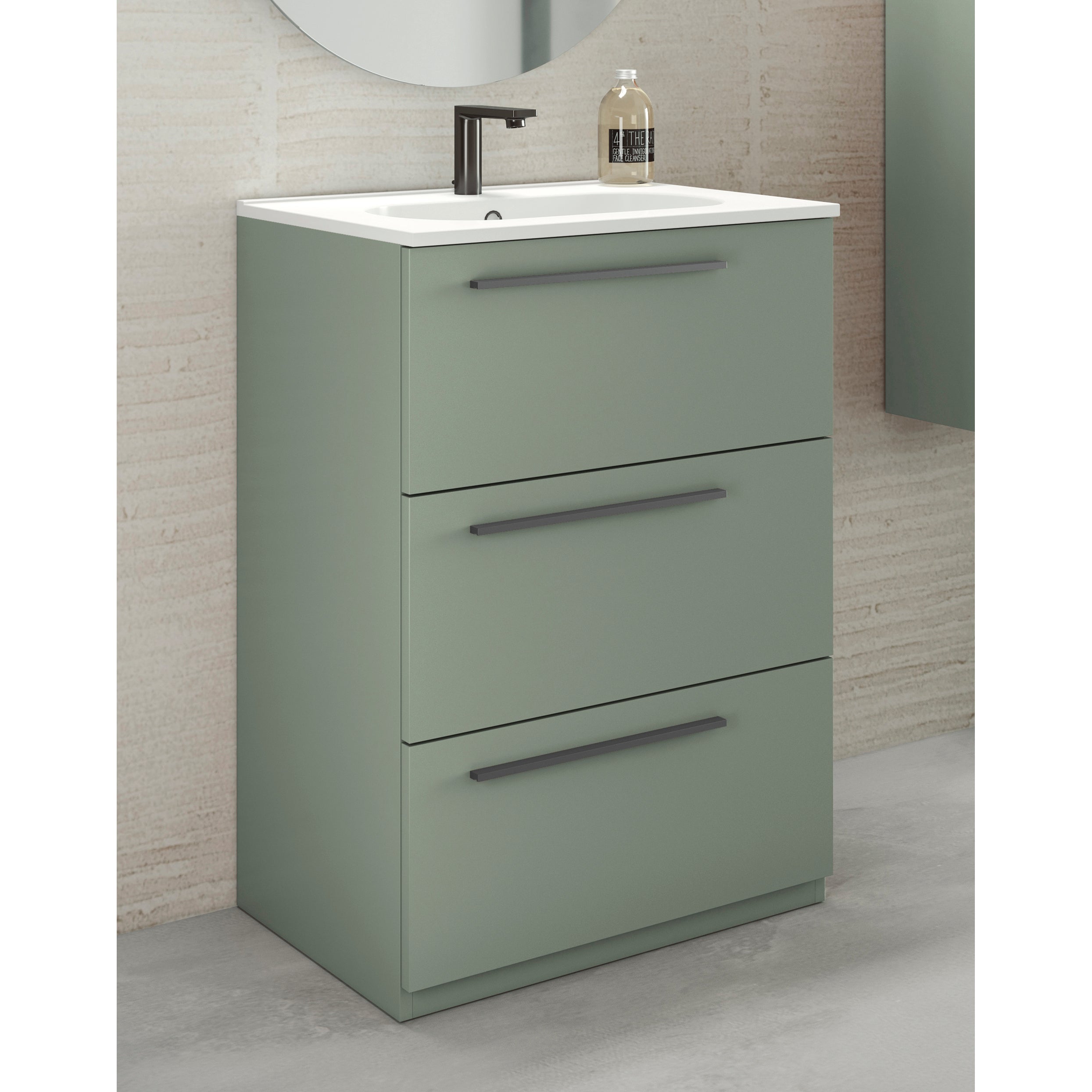Mobile da bagno a terra sotto lavabo L 60 cm verde, 3 cassetti Mia - 3
