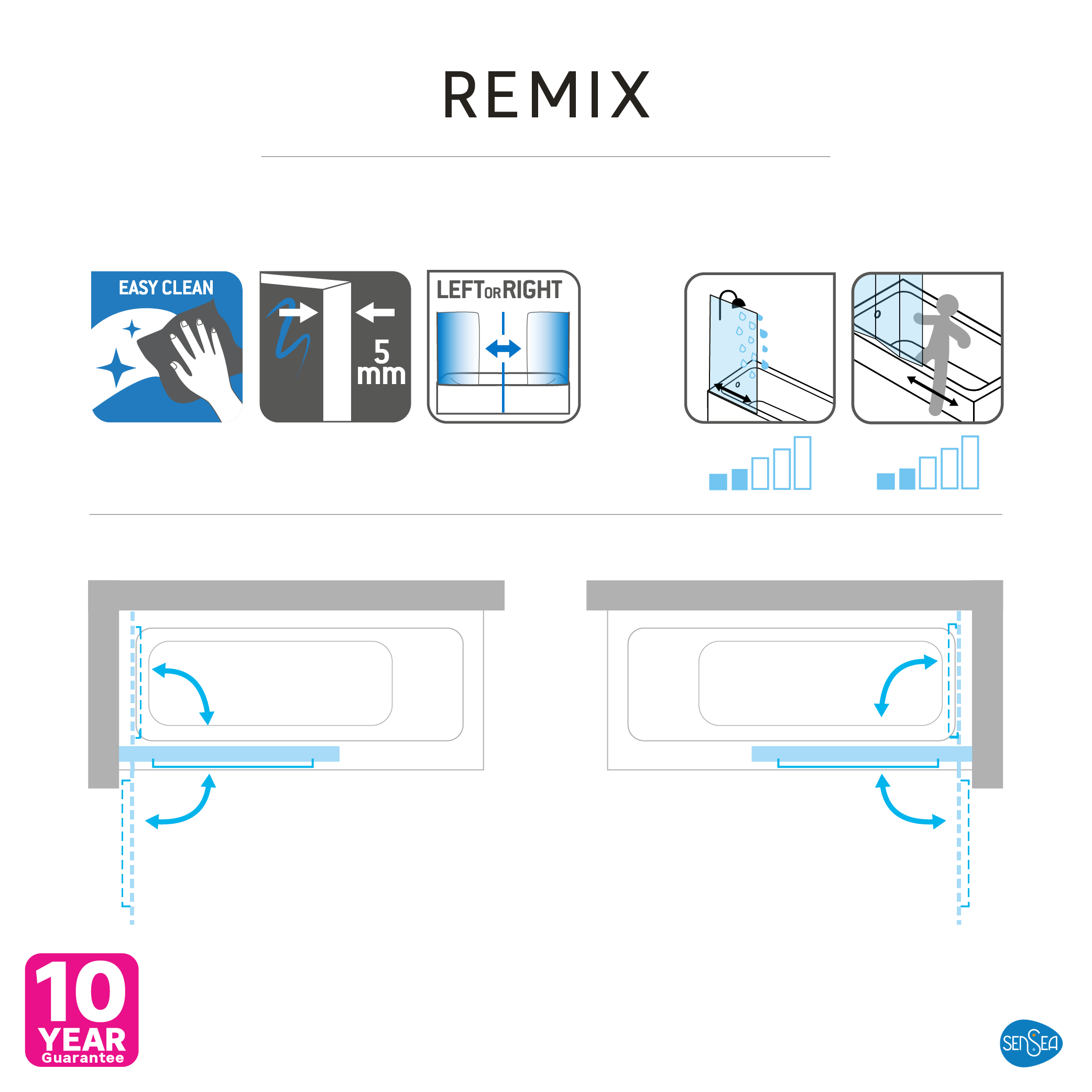 Pare-baignoire battant transparent noir, H.140 x l.90 cm Remix - 6