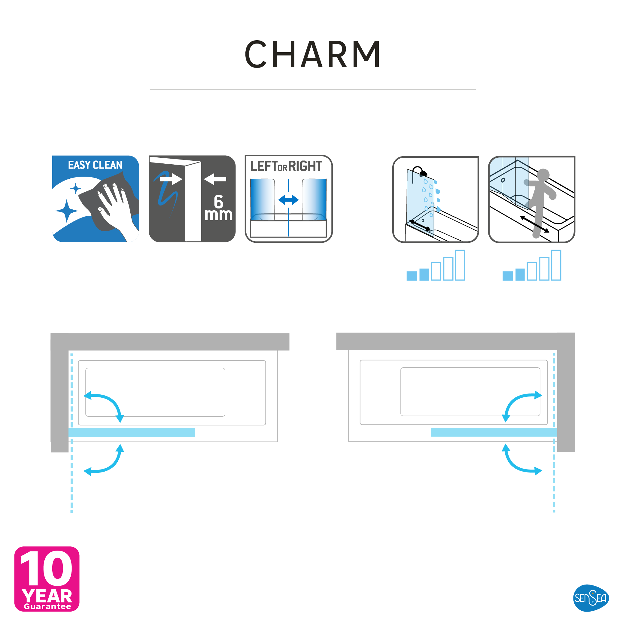 Pare-baignoire battant transparent chromé, H.150 x l.95 cm Charm - 5