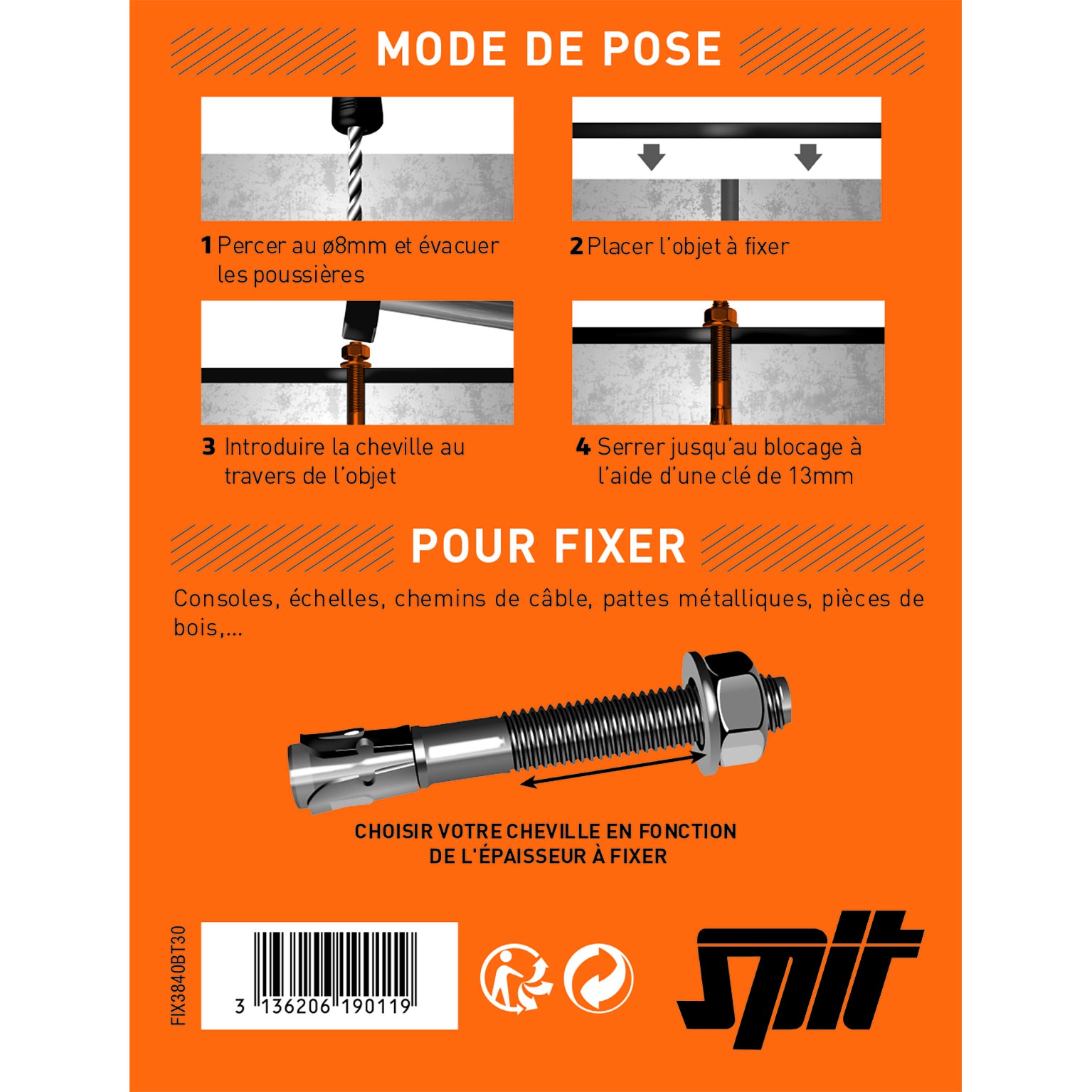 Lot de 30 Cheville murale avec vis fix3 SPIT, Ø8 x L.90 mm - 2