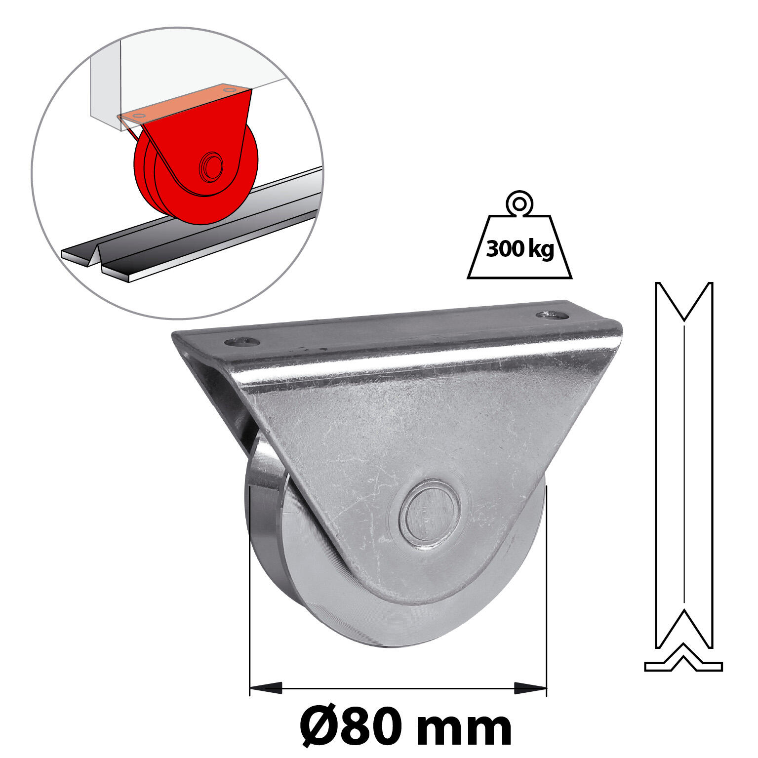 Roue portail coulissant Ø80mm pour gorge V support extérieur - 300kg AFBAT - 4