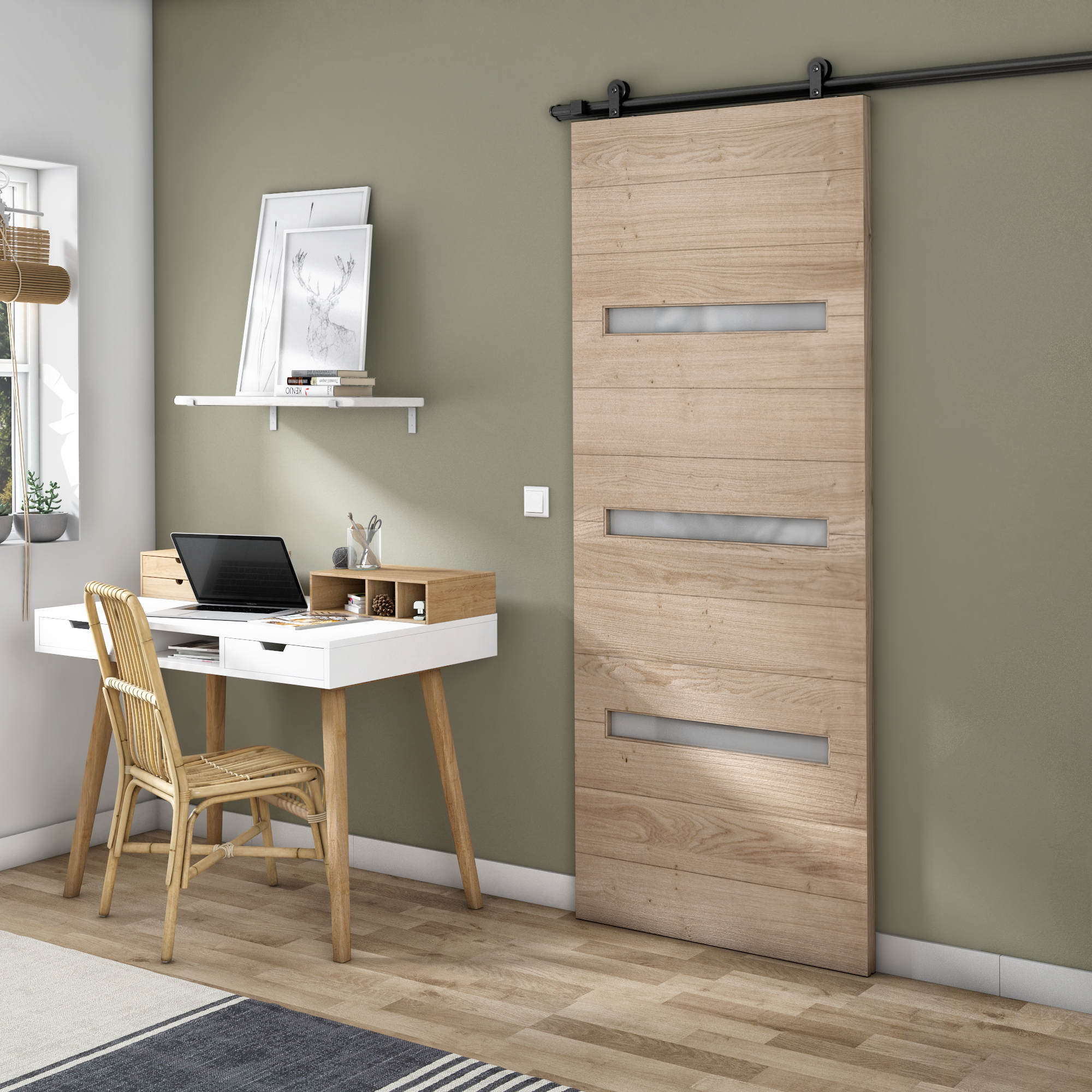 Porte coulissante bois Noe  vitrée, H.204 x l.73 cm - 2