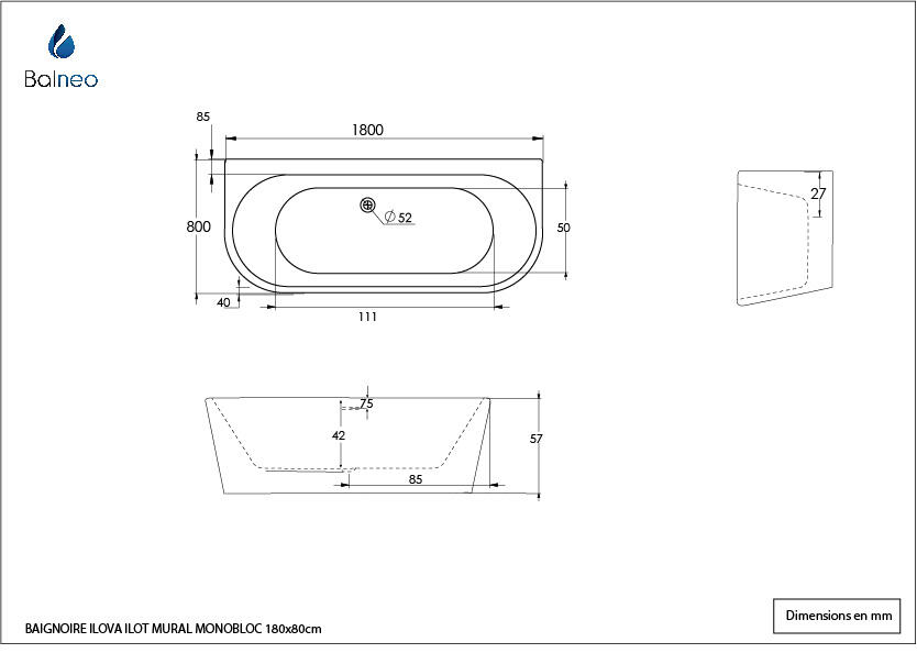 Baignoire semi-îlot l.80 x L.180 cm blanc Ilova, BALNEO - 6