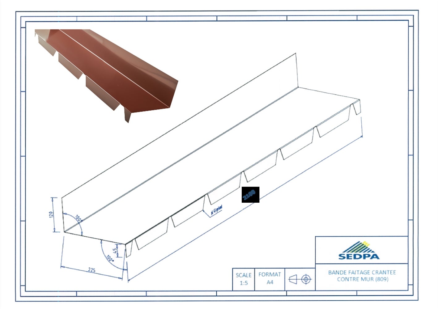 Faîtière sur mur pour plaque nervurée 63/100 rouge ral 8012, L.2.1 m - 2