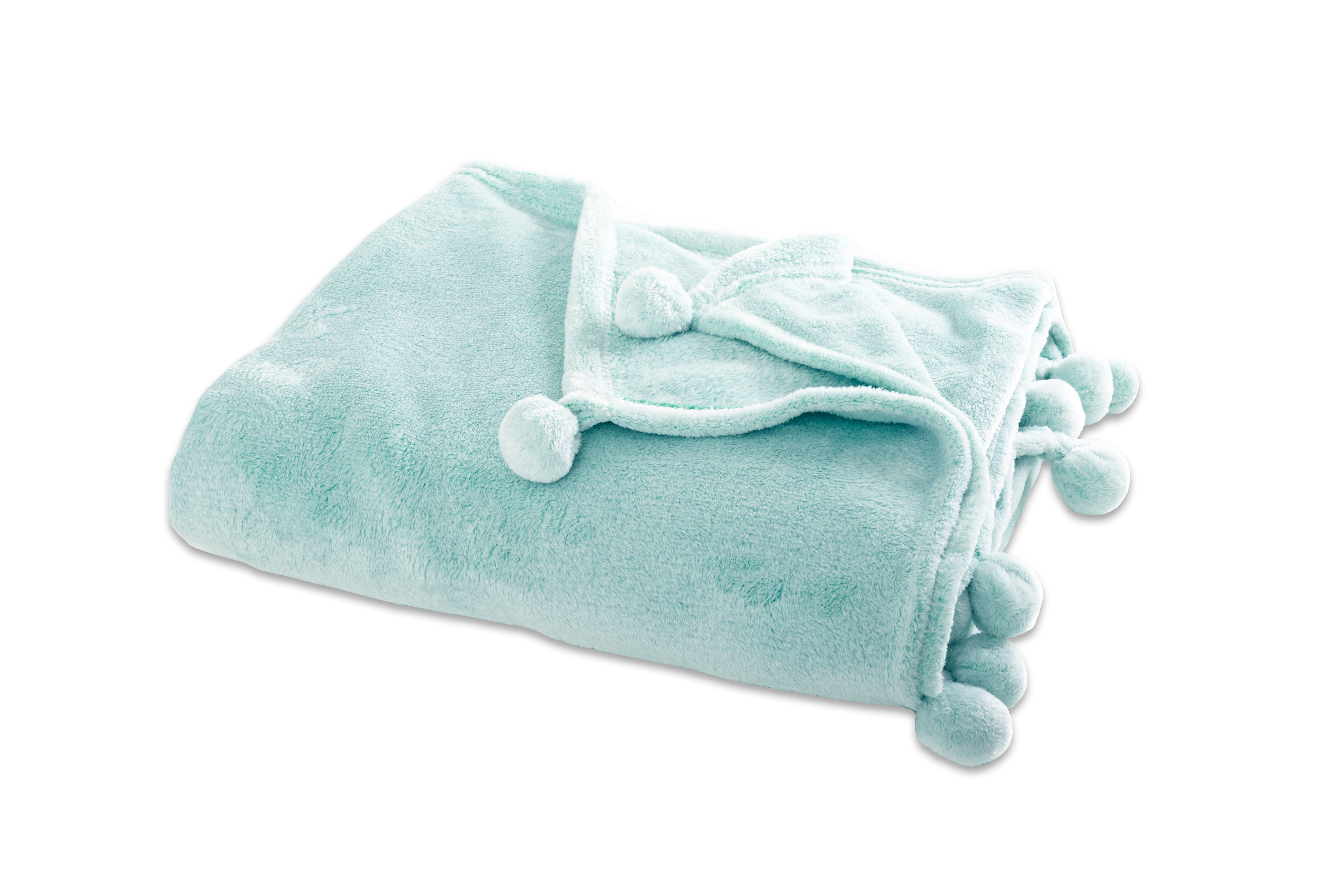 Manta flannel pompons poliéster azul agua marina 130x170 cm