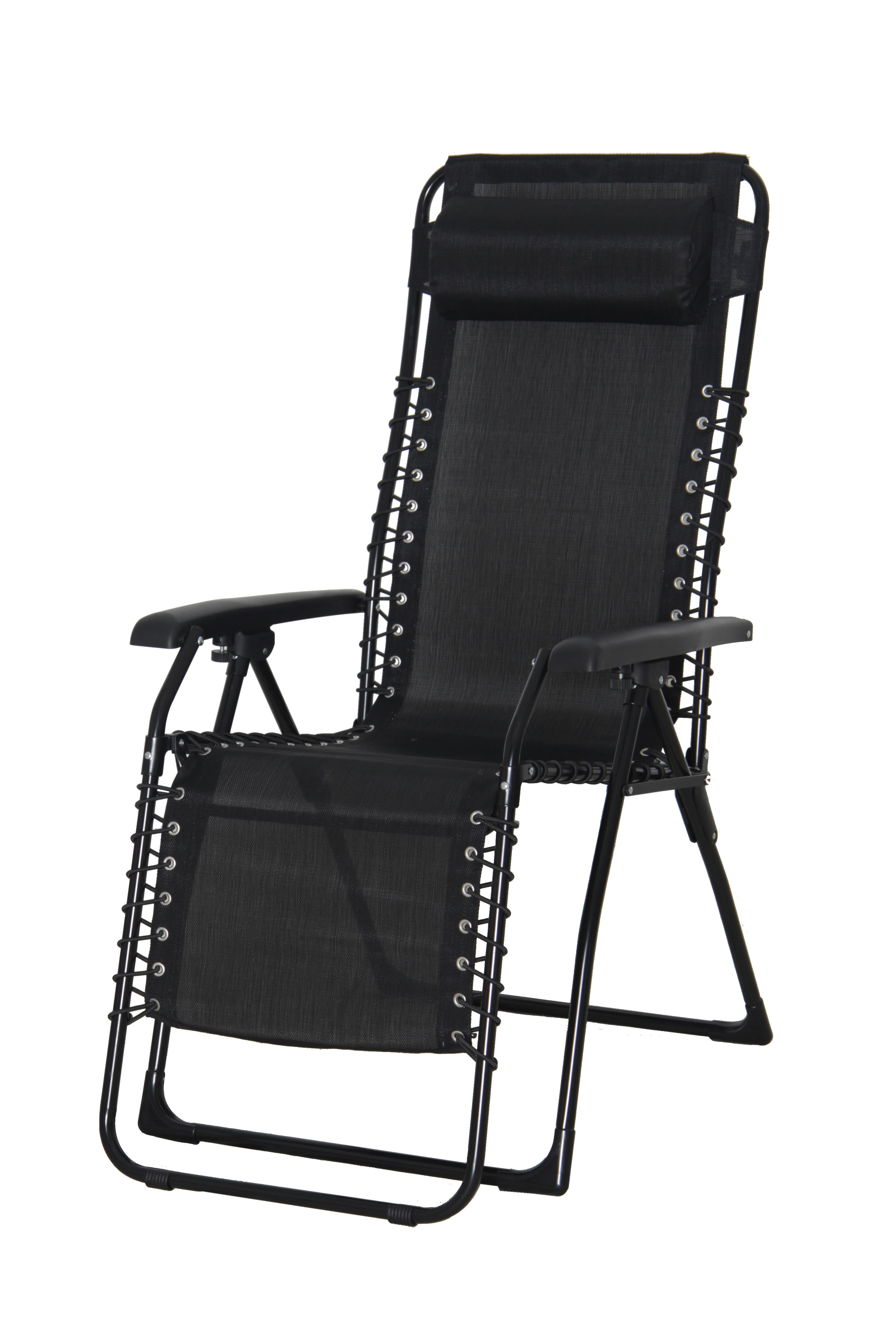 Sedia a sdraio da giardino con cuscino nero e braccioli Zero Gravity struttura in acciaio nero, seduta in textilene nero - 9