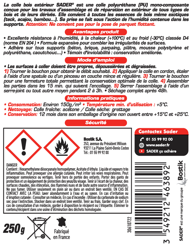 Colle d'assemblage liquide polyuréthane Bois extérieur SADER, 250ml, 250 g jaune - 4