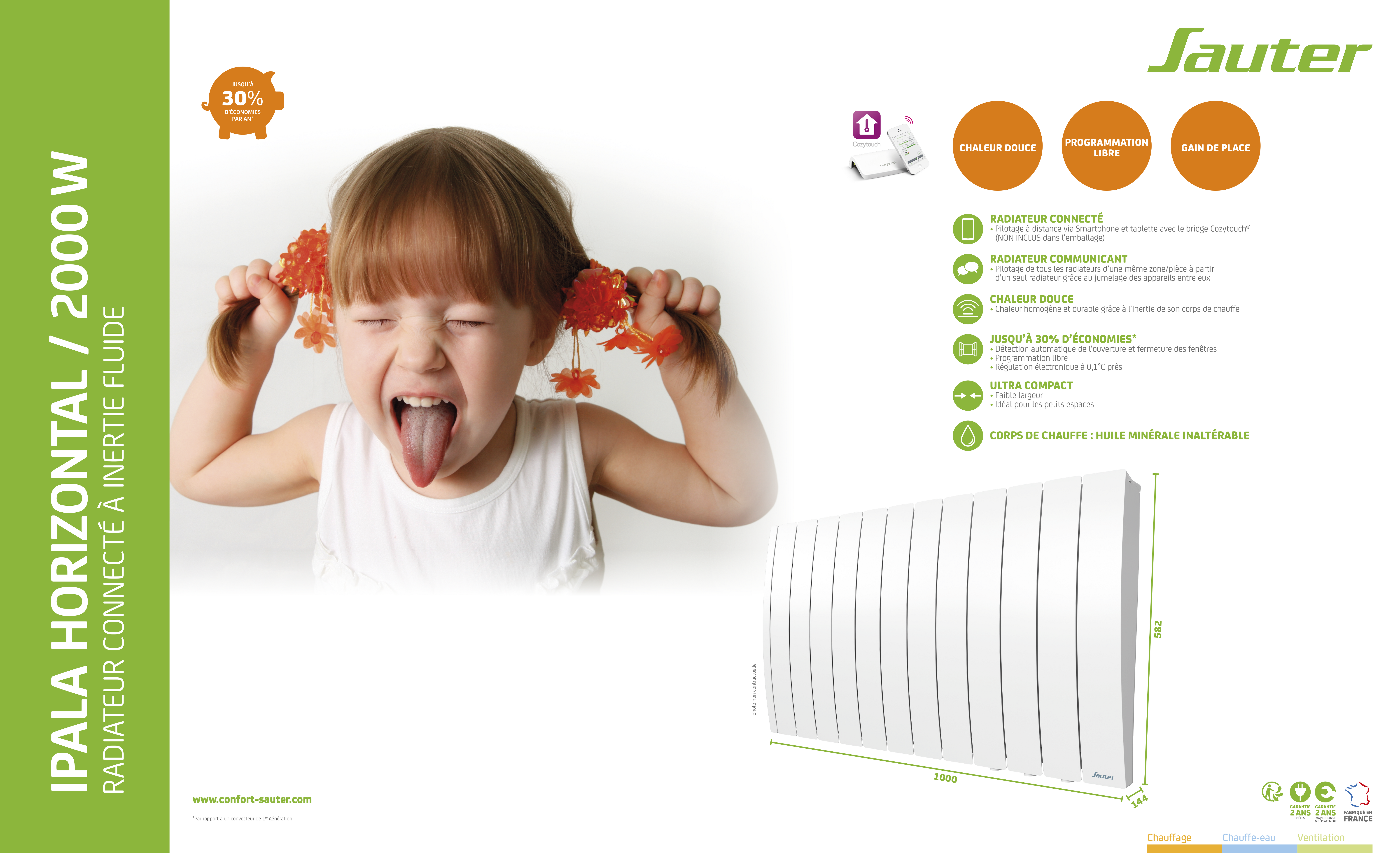 Radiateur électrique connecté inertie fluide 2000W SAUTER Ipala horizontal blanc - 9