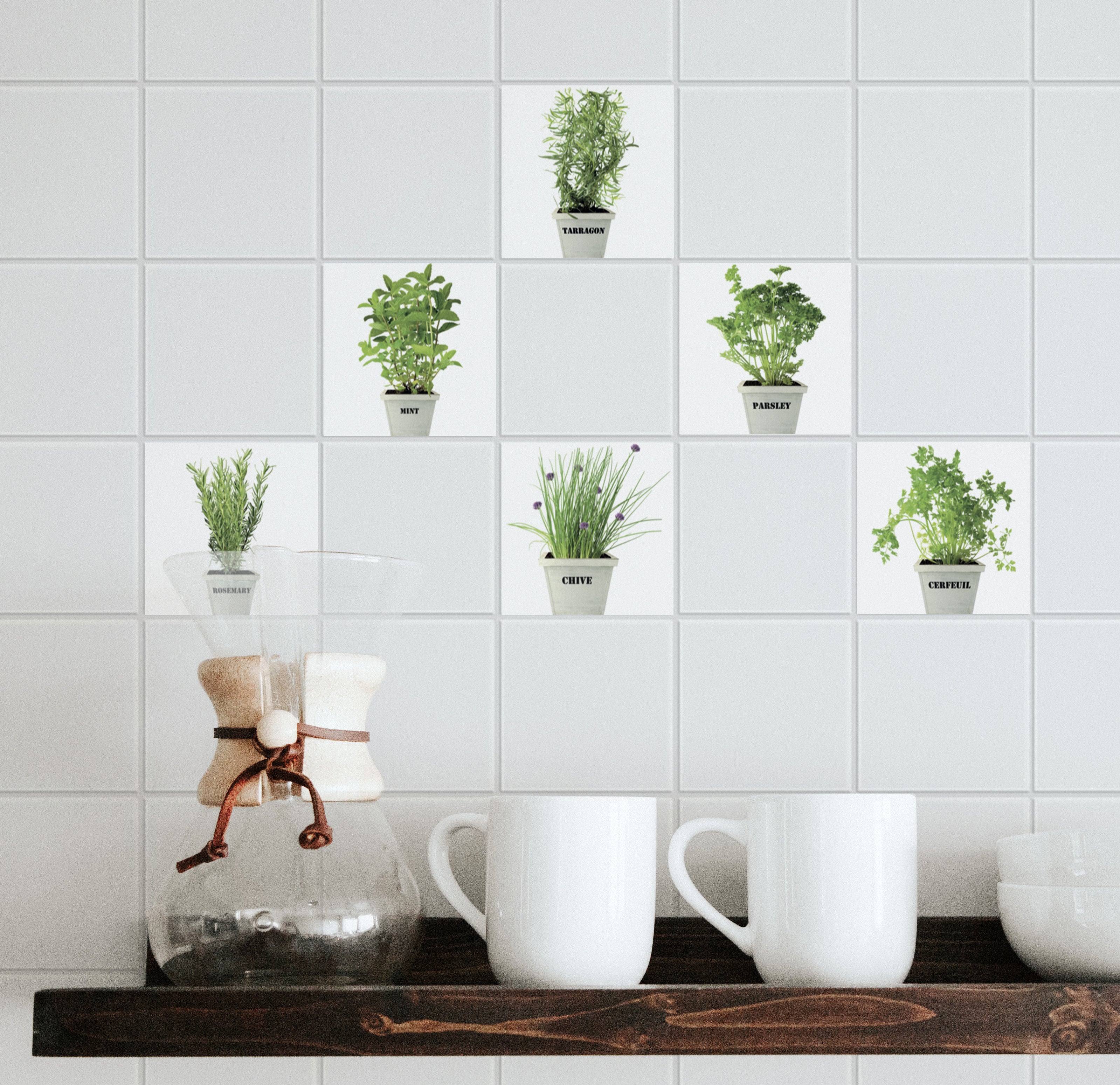 Lot de 6 Stickers adhésifs carrelage mural Aromatiques, vert et blanc, 15 cm x 1 - 2