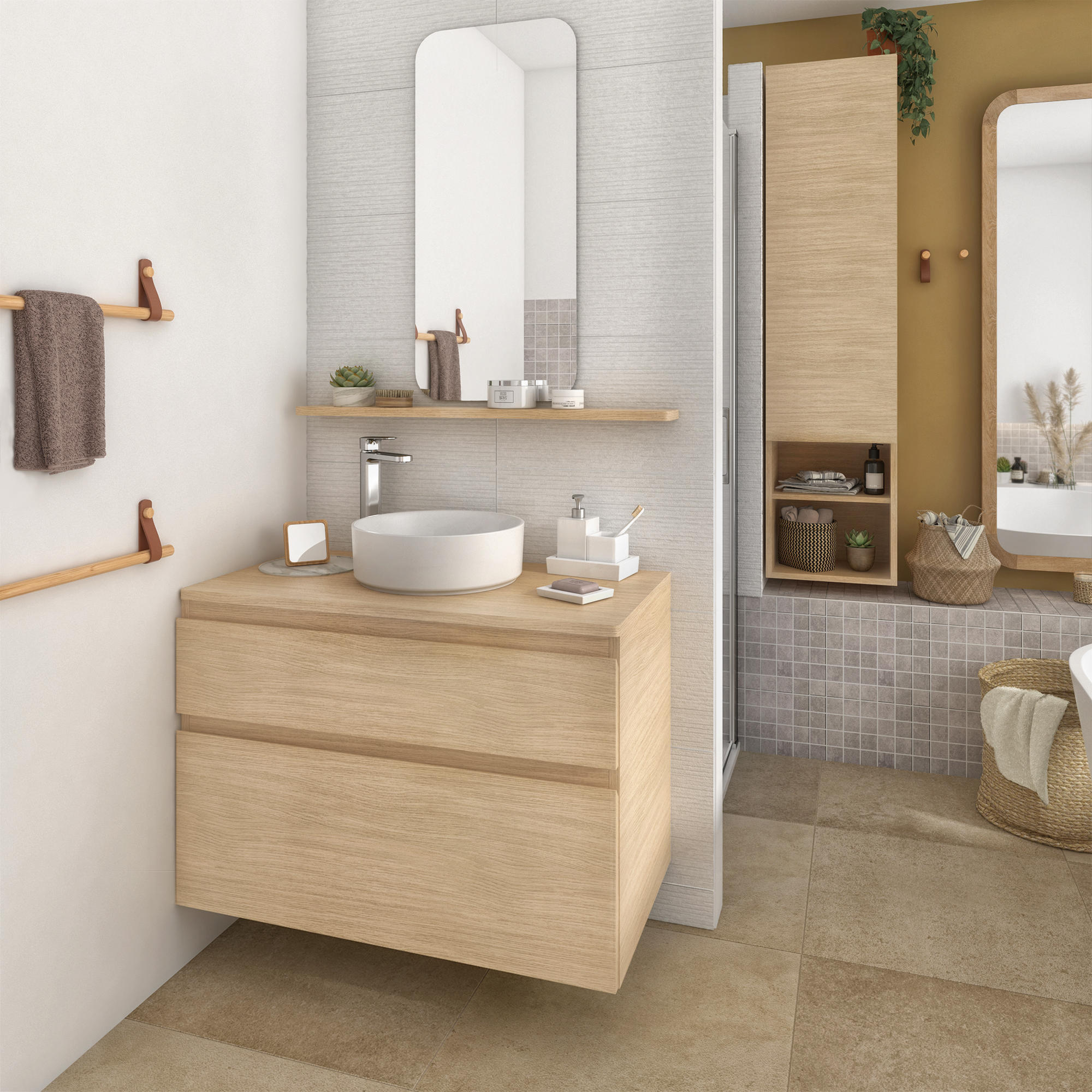 Meuble sous-vasque L.90cm x H.62.5cm x P.48cm placage chêne Natural - 5