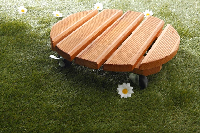 Support pot avec roulette rond bois, H.10 x l.40 cm