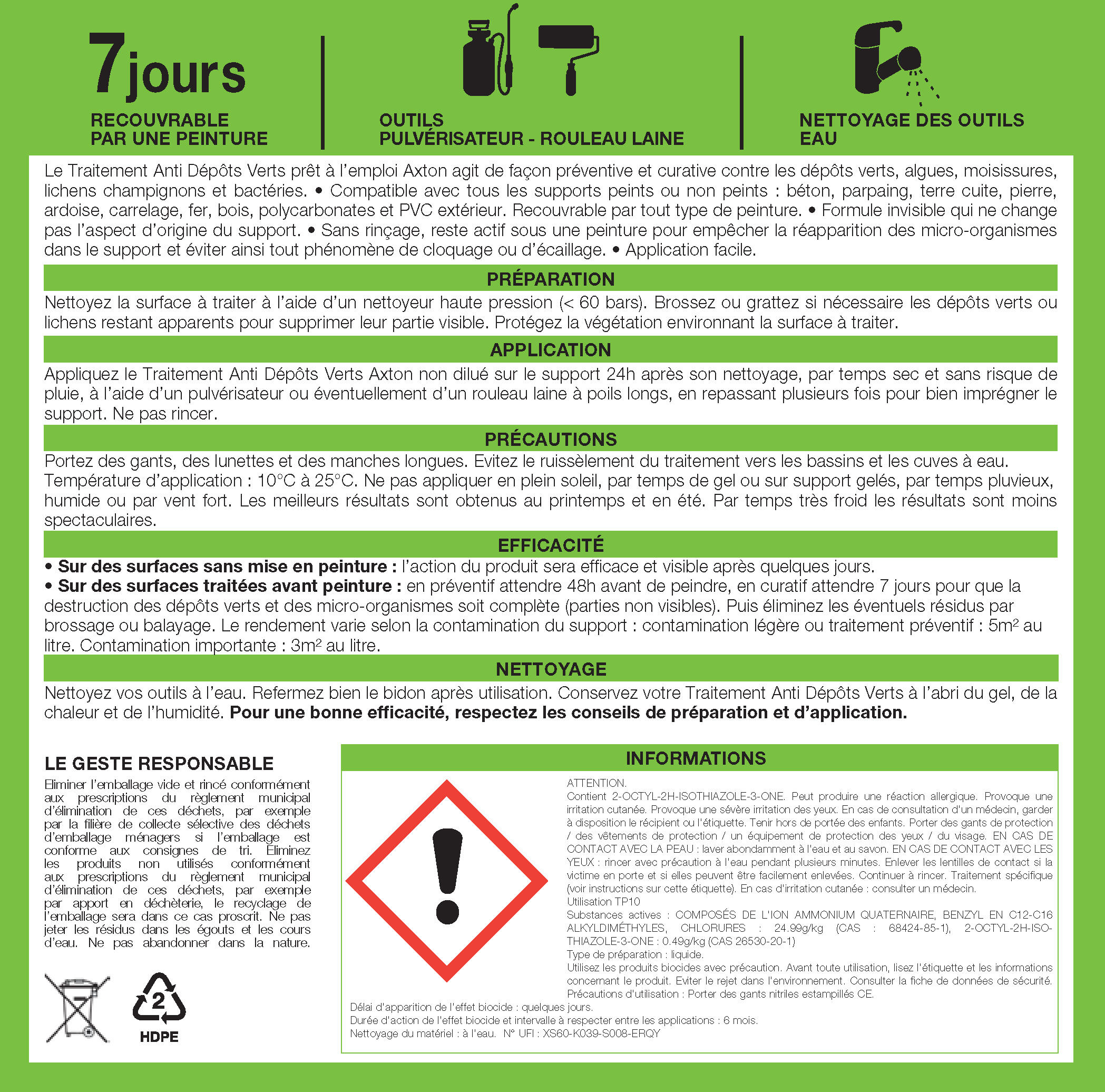 Traitement anti-dépots verts pour toitures, façades et terrasses AXTON, 20 L - 2