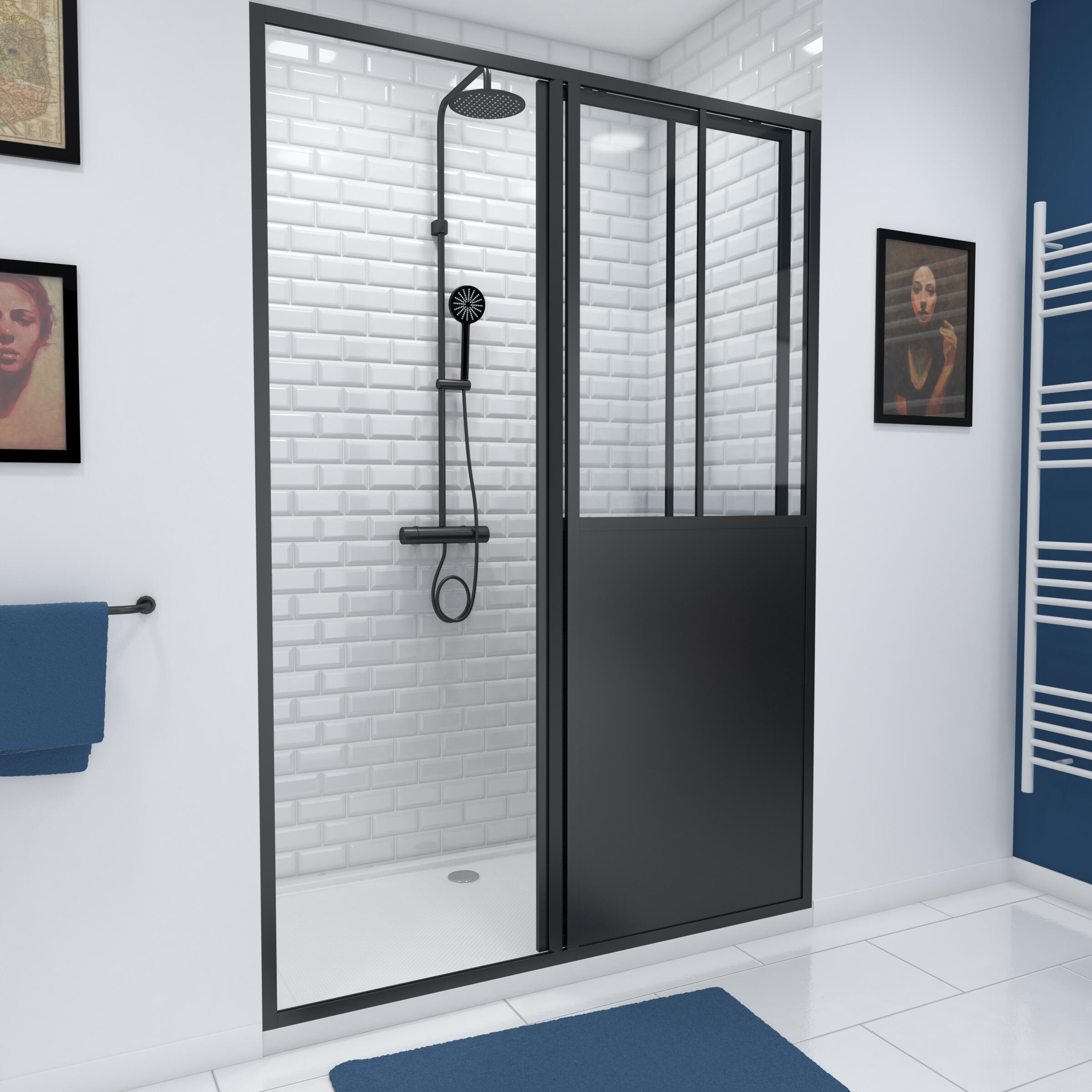 Porte de douche coulissante transparent, noir L.140 cm, Fabrik - 2