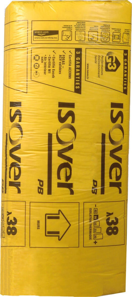 Lot 12 panneaux laine de verre cloison ISOVER Pb38 kraft, Ep.75mm, 1.35x0.6m,R2 - 3