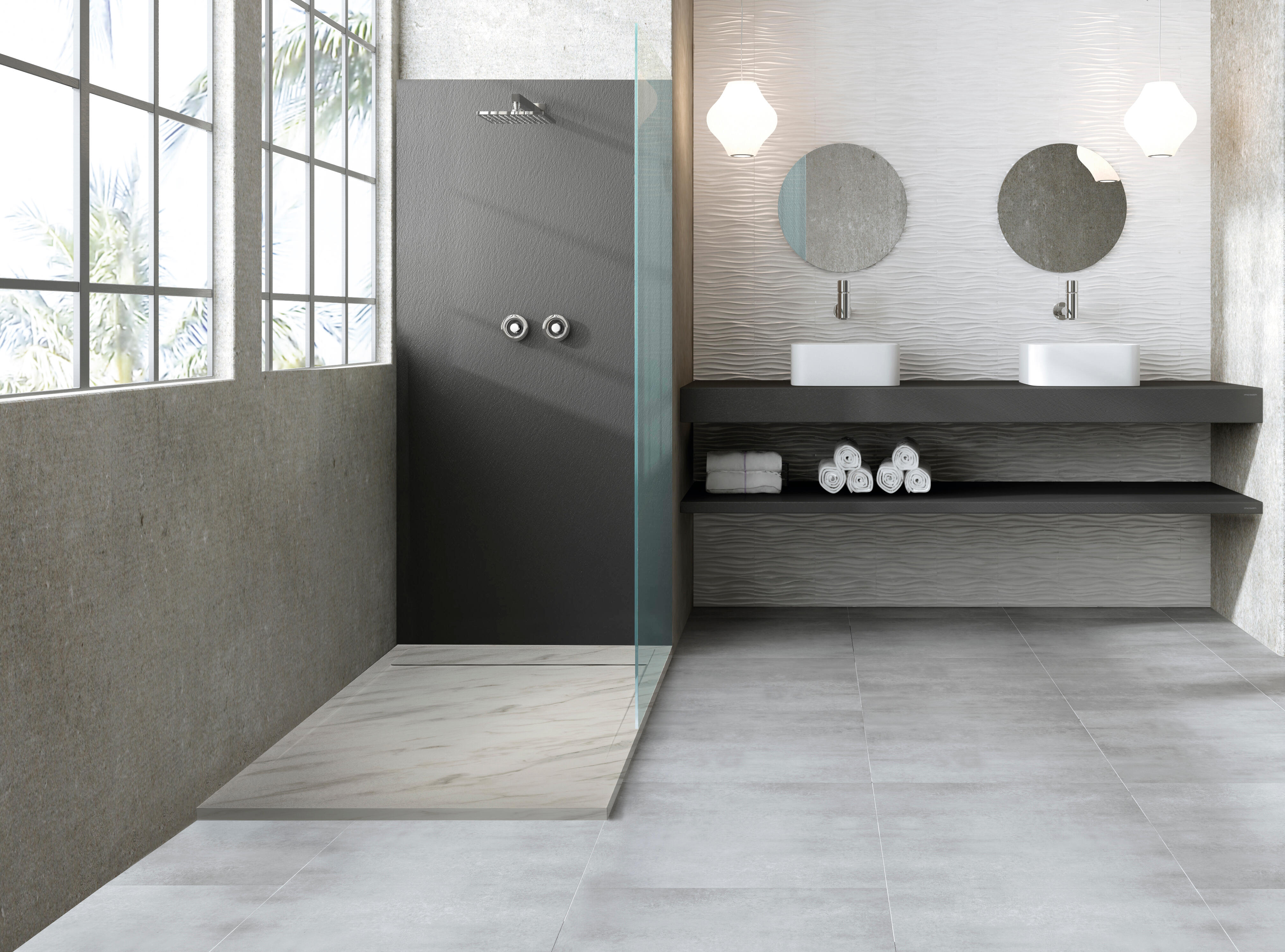 Receveur de douche en résine blanc 80x120x3 cm effet pierre granit + grille linéaire noire mate