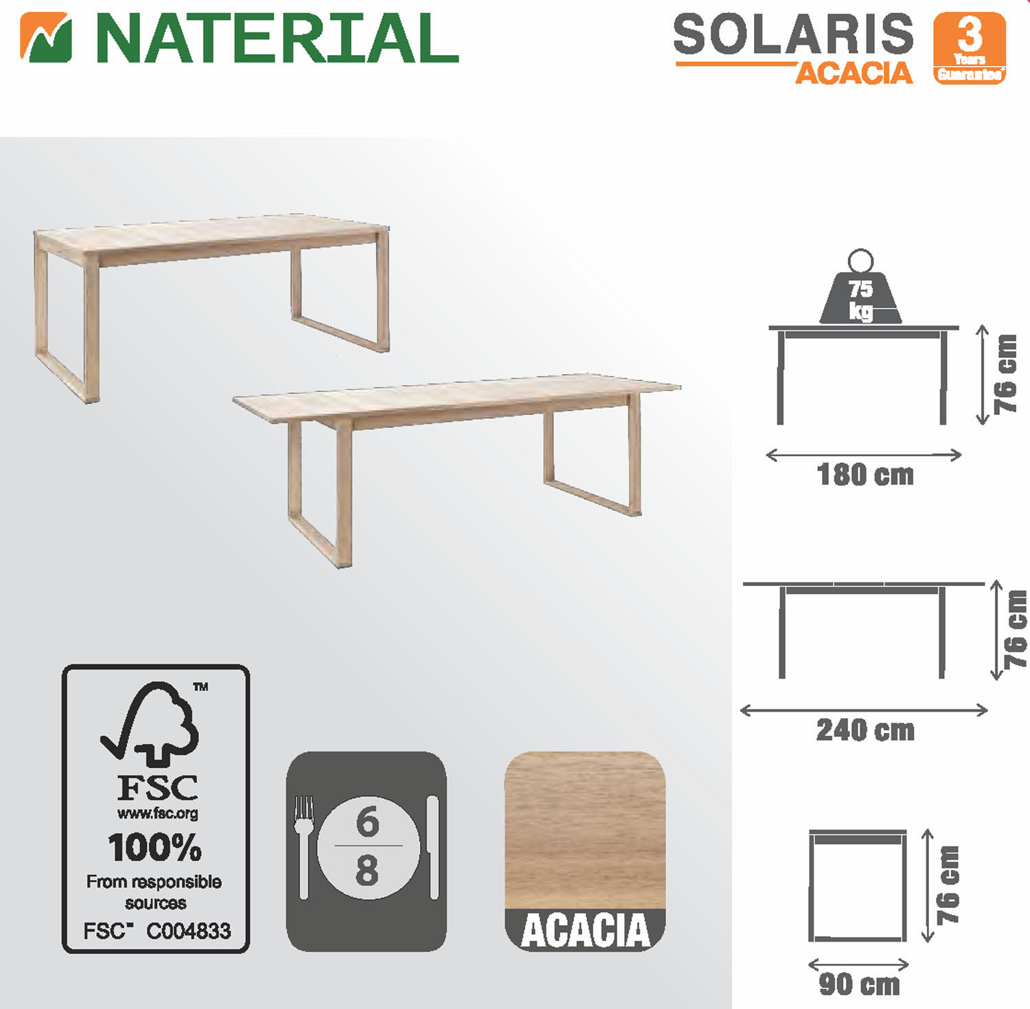 Tavolo allungabile da esterno rettangolare in acacia naturale 8 posti L da 180 a 240x90cm, Solaris NATERIAL - 33