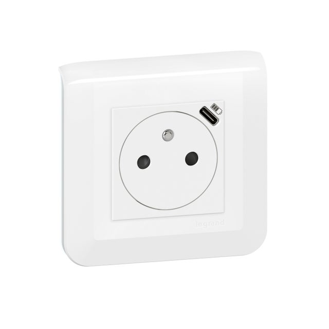 Prise avec terre et USB C complet, LEGRAND Mosaic, blanc