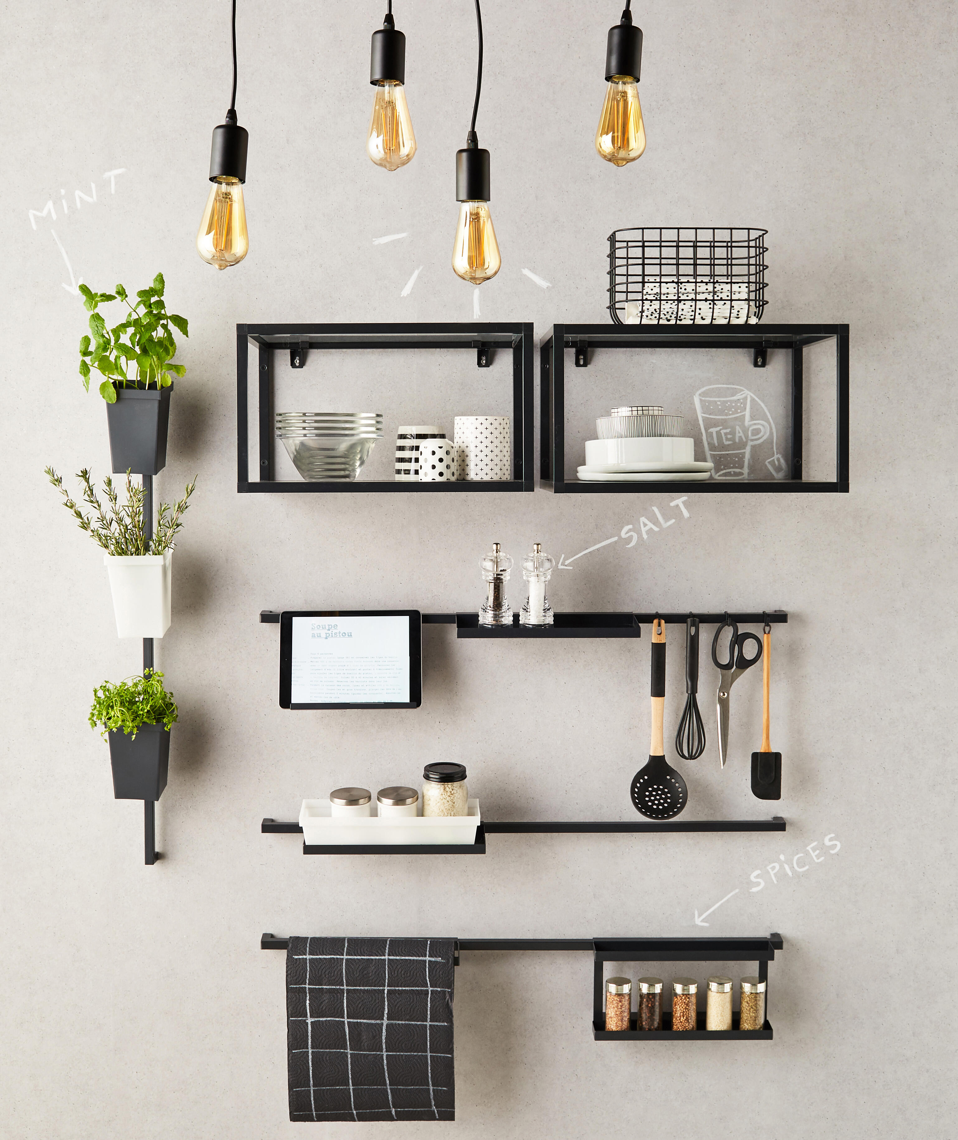 Staffa per barra a muro per accessori cucina gancio nero P 8.75 cm - 12