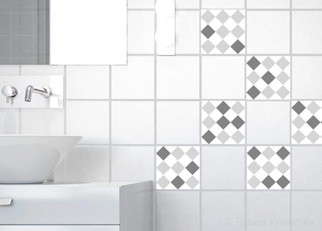 Lot de 9 Stickers adhésifs carrelage mural Scacchiera, gris et blanc, 10 cm x 10