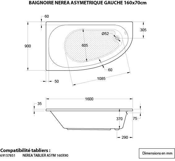 Baignoire asymétrique gauche L.160x l.90 cm blanc Nerea - 4