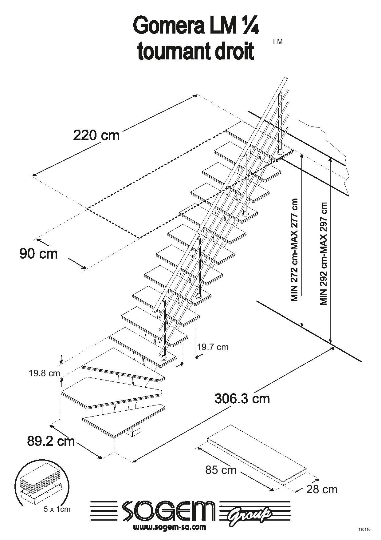Escalier 1/4 t. bas droit MDF anthracite Gomera 14 marches, l.85 cm - 3