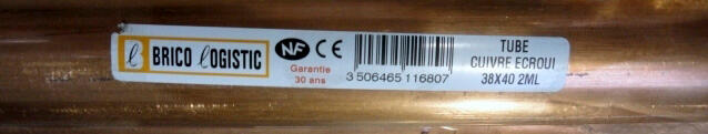 Tube de cuivre écroui, ⌀40mm, en barre de 2m