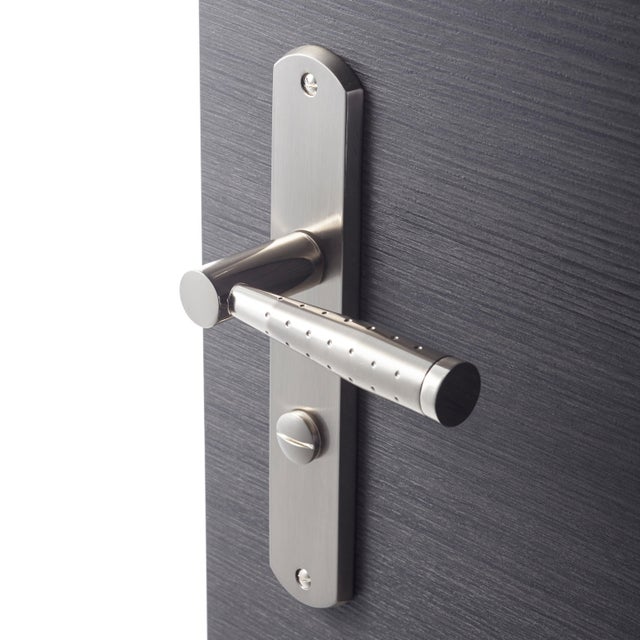 Poignée de porte sur plaque aspect nickel entraxe 195 mm à condamnation MERY x2