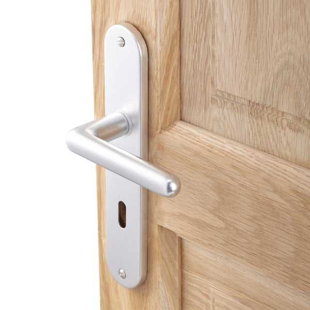 Poignée de porte sur plaque aspect nickel entraxe 195 mm Clé en L HELMA x2