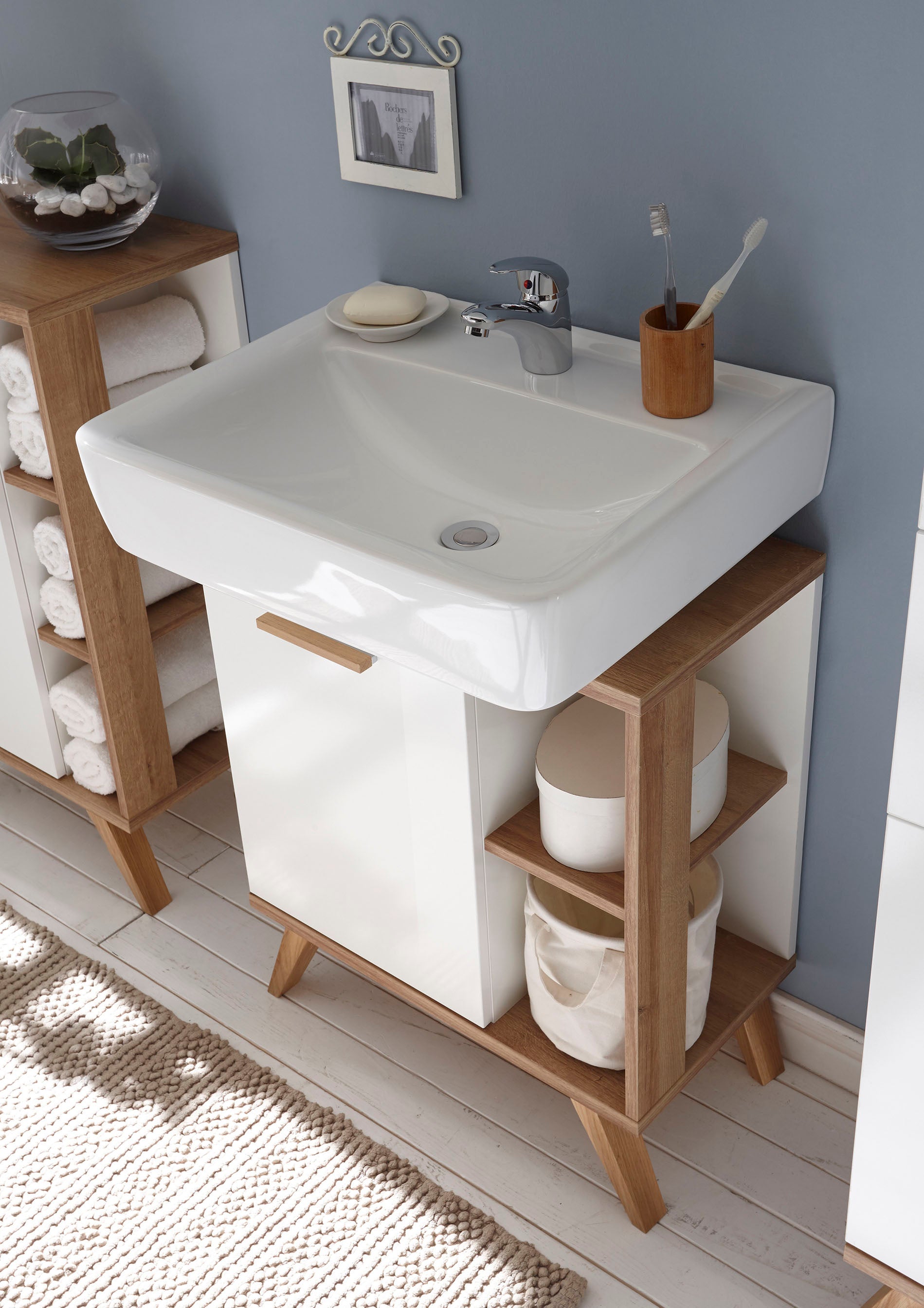 Relaxdays Meuble Sous Lavabo Bambou 60x60x30 Cm - Armoire Salle De Bain Portes Lames Naturel Blanc