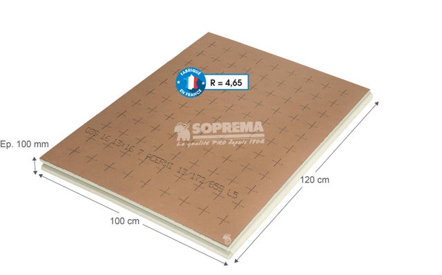 Isolant en polyuréthane SOPREMA, R=4.65, Ep.100mm,1.2x1m