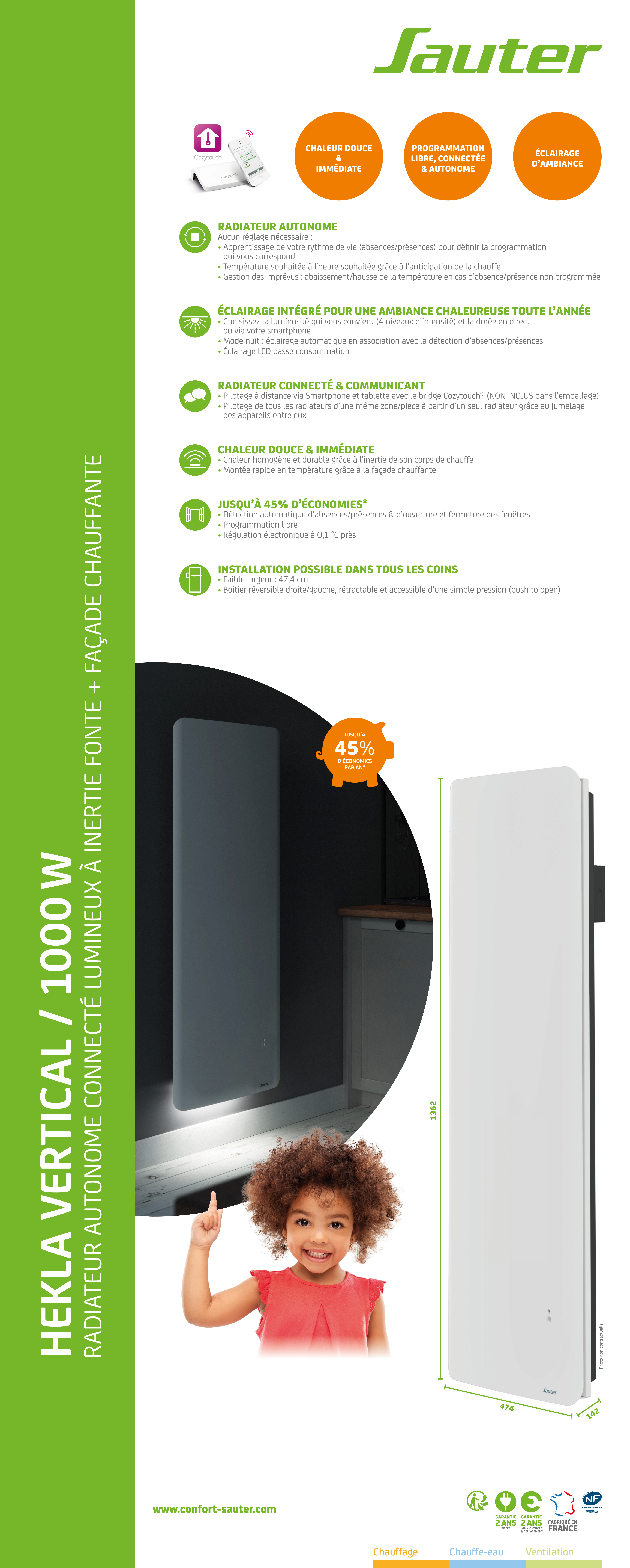 Radiateur électrique double système chauffant 1000W SAUTER Hekla vertical noir - 10