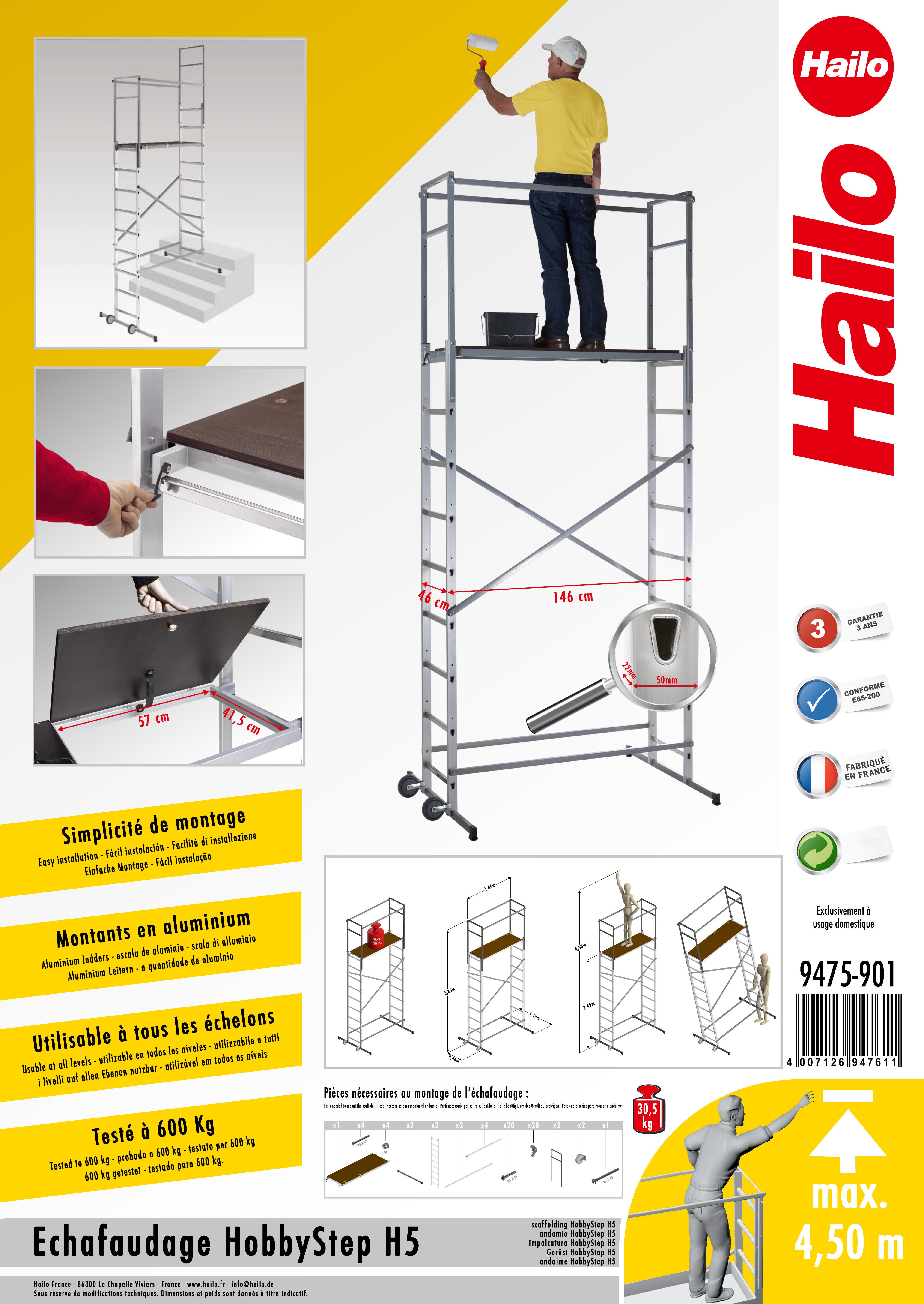Echafaudage aluminium Hobbystep h5 HAILO hauteur de travail 4.5 m - 14