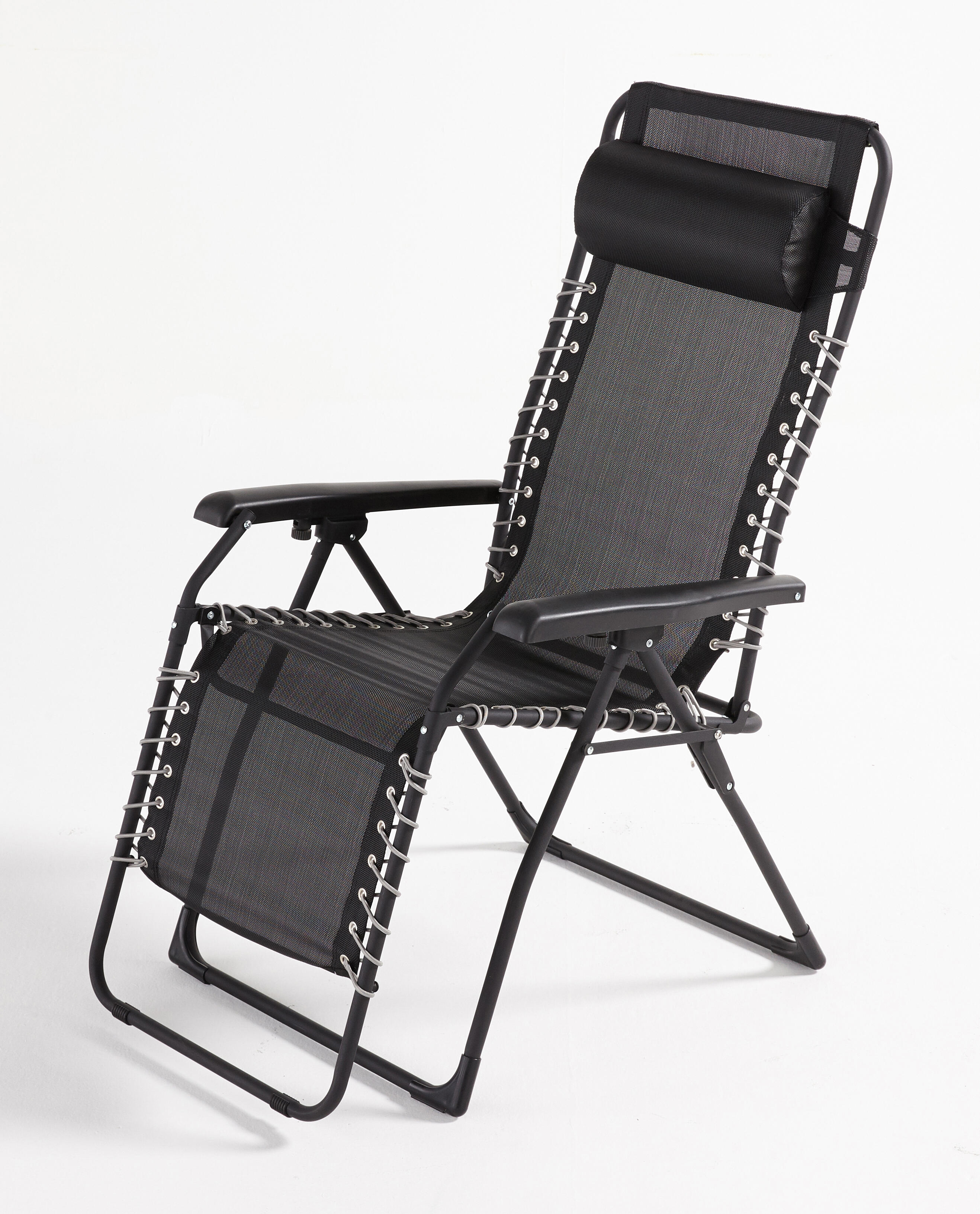 Sedia a sdraio da giardino con cuscino nero e braccioli Zero Gravity struttura in acciaio nero, seduta in textilene nero - 8