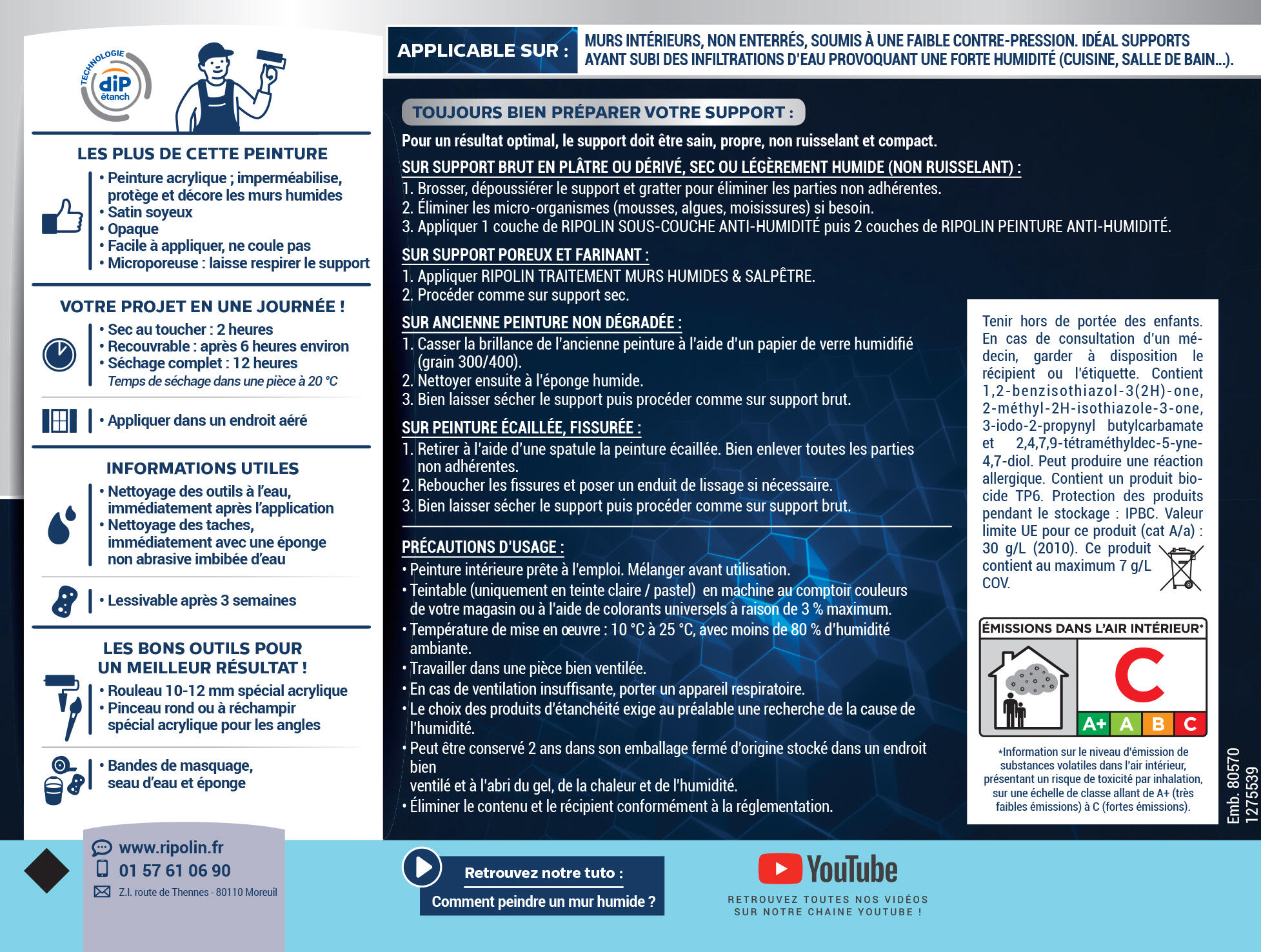 Peinture anti-humidité mur blanc satin RIPOLIN Dip etanch 0.75l - 4