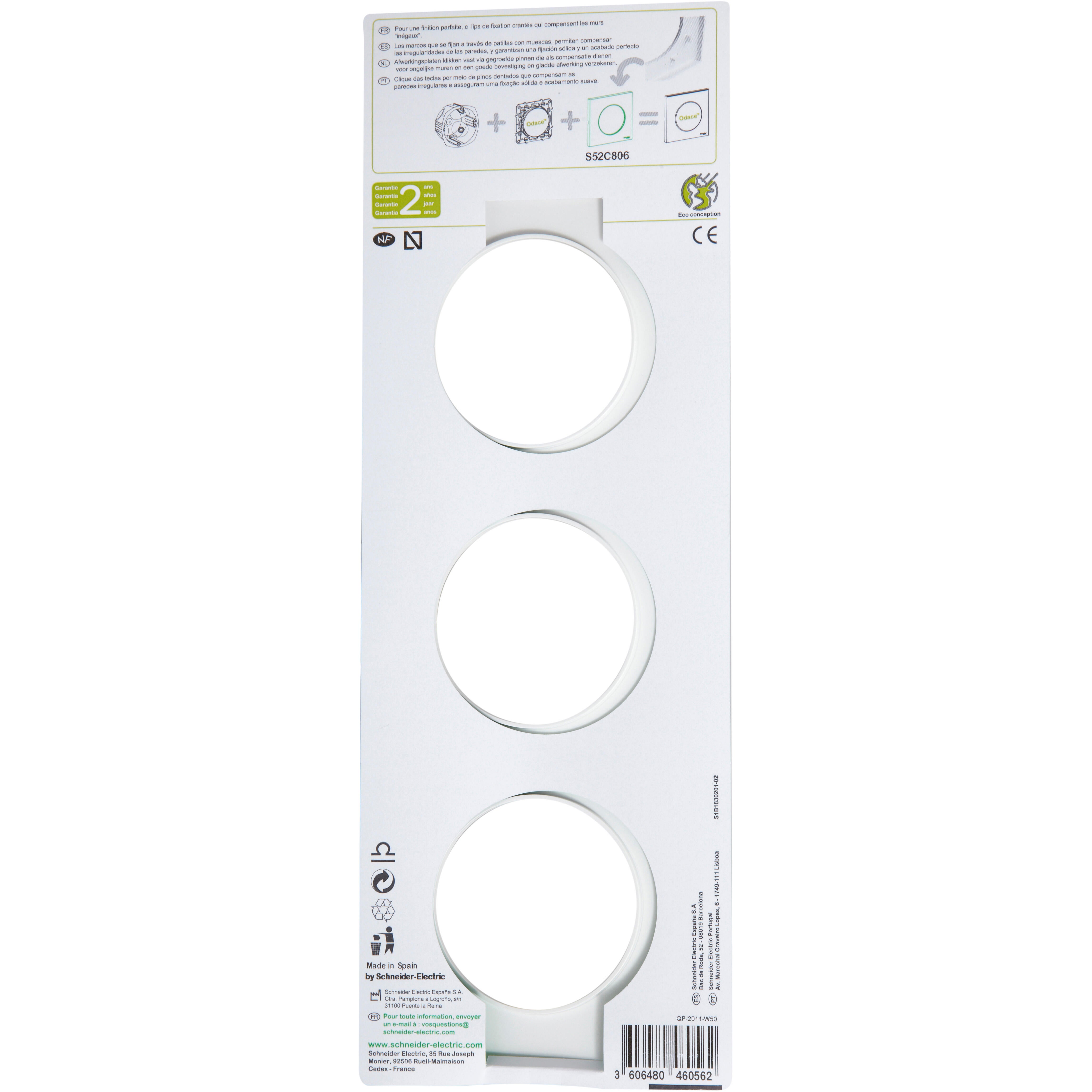 Plaque triple Odace Touch, SCHNEIDER ELECTRIC, blanc liseré blanc - 5
