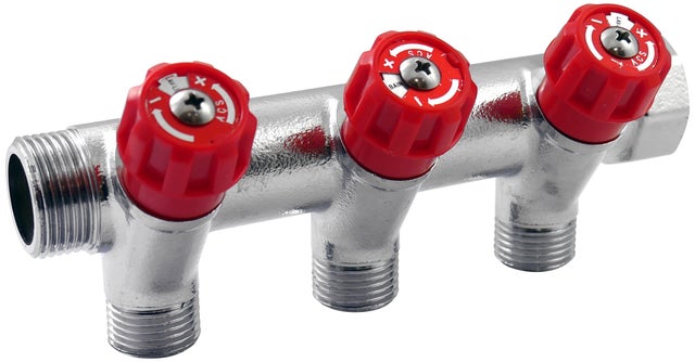 Collecteur à visser M/F 20x27, 3 départs + robinet rouge M15x21