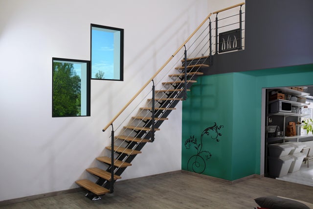 Escaliers droits droit acier anthracite Escatwin 16 marches bois lamellé collé, 