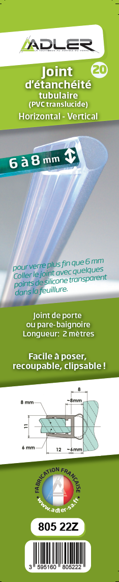 Joint d'étanchéité tubulaire translucide, L.195 cm pour verre Ep. 6 à 8 mm