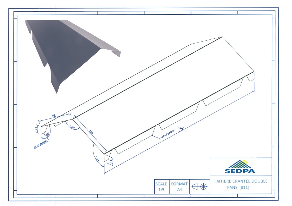 Faîtière crantée pour plaque nervurée 63/100 bleu ardoise ral 5008, L.2.1 m - 2