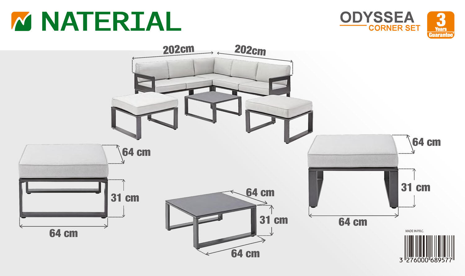 Salon de jardin d'angle Odyssea gris NATERIAL, 7 personnes - 7