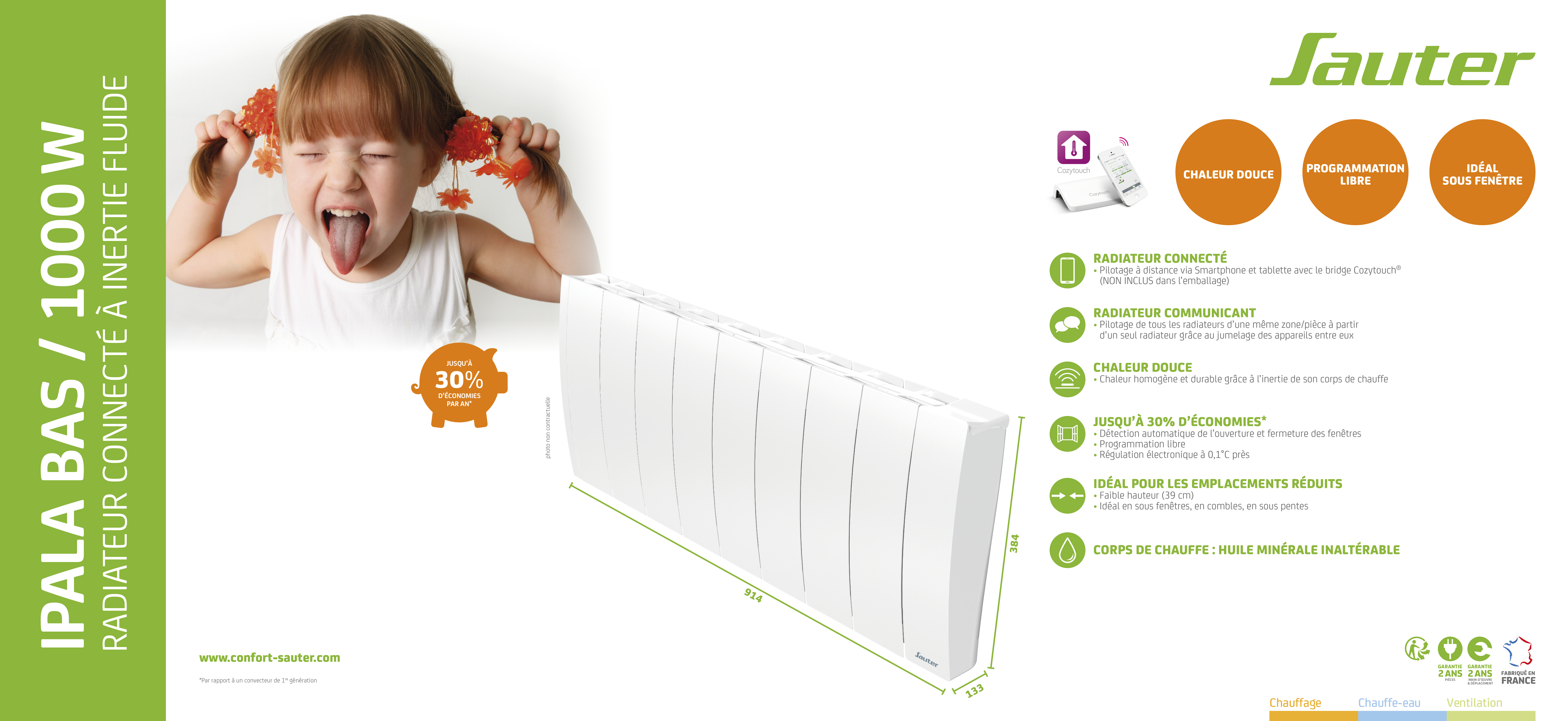 Radiateur électrique connecté inertie fluide 1000W SAUTER Ipala plinthe blanc - 9