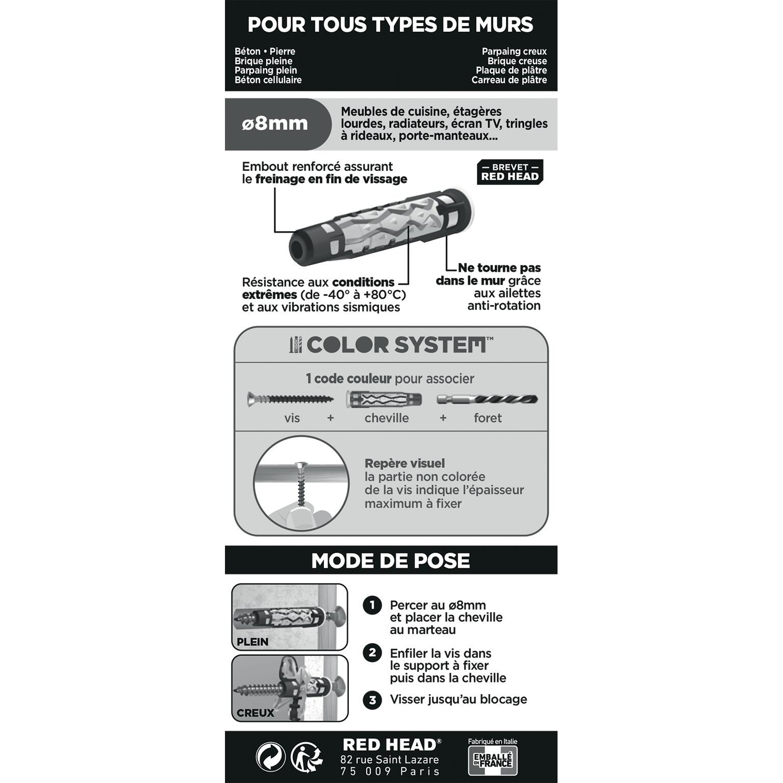 Lot de 6 Cheville murale mx gamme couleur RED HEAD, Ø8 x L.50 mm - 2