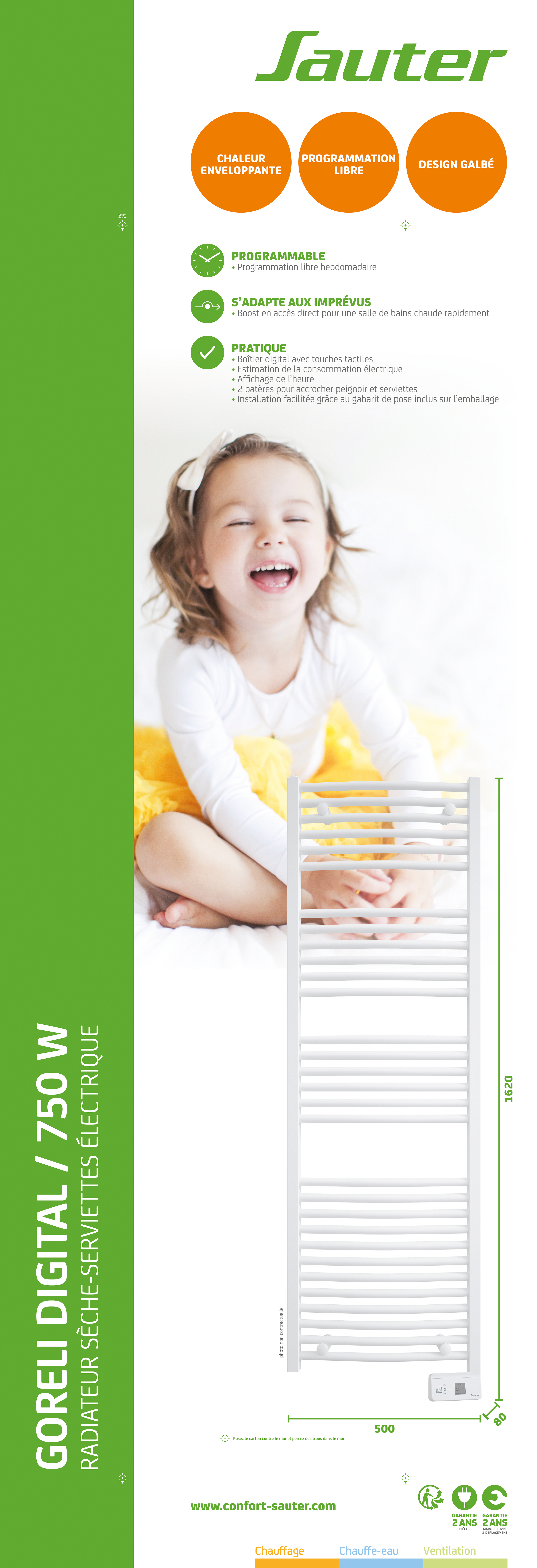 Sèche-serviettes électrique à inertie fluide SAUTER 750W, H162.5 x l50 cm Goreli - 8