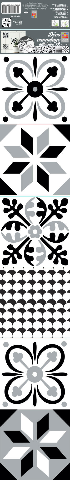 Lot de 6 adhésifs décoratifs, carrelage, Teano noir et blanc 15 cm x 15 cm - 2