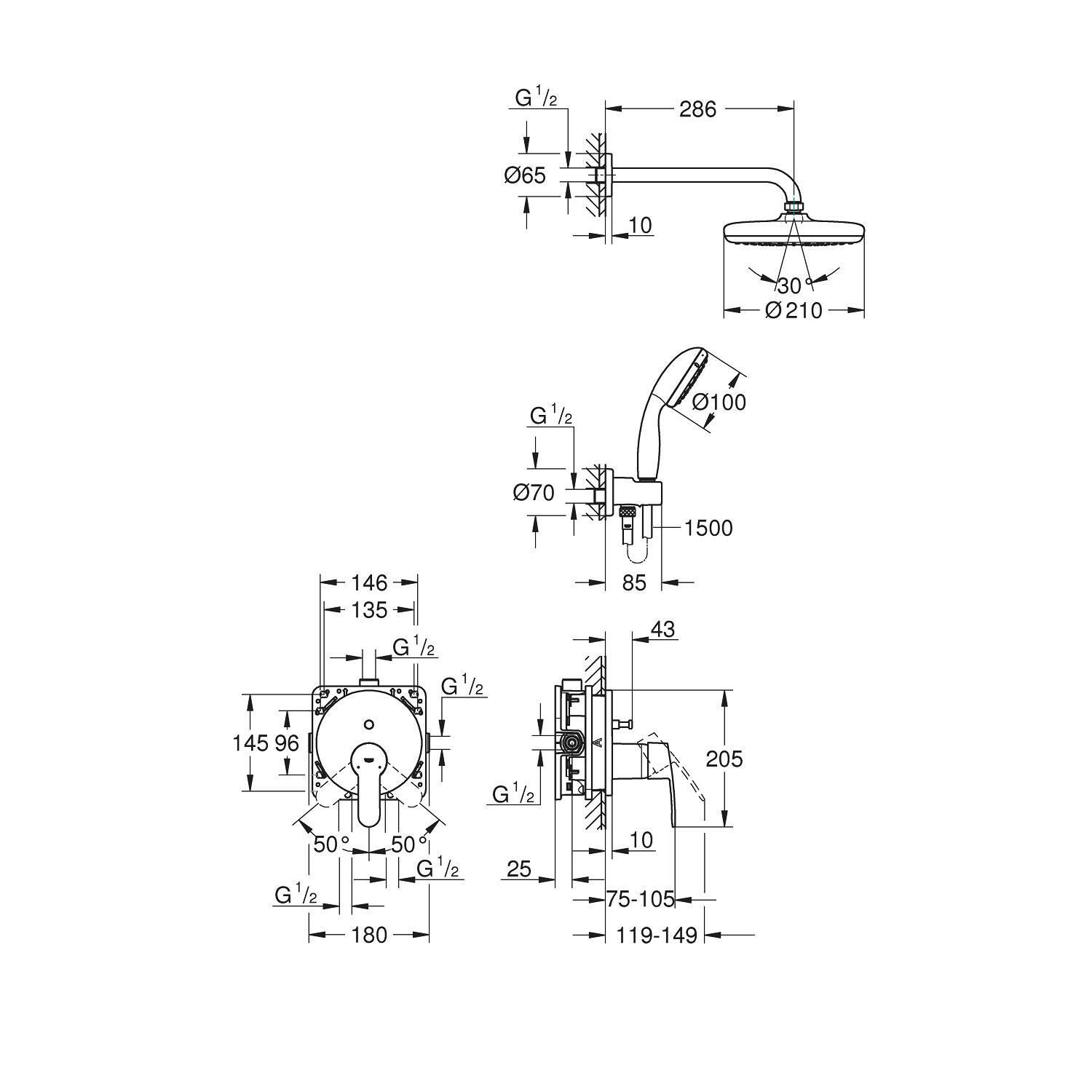 Colonne de douche encastrée mécanique chrome, GROHE, Clova 210 - 2