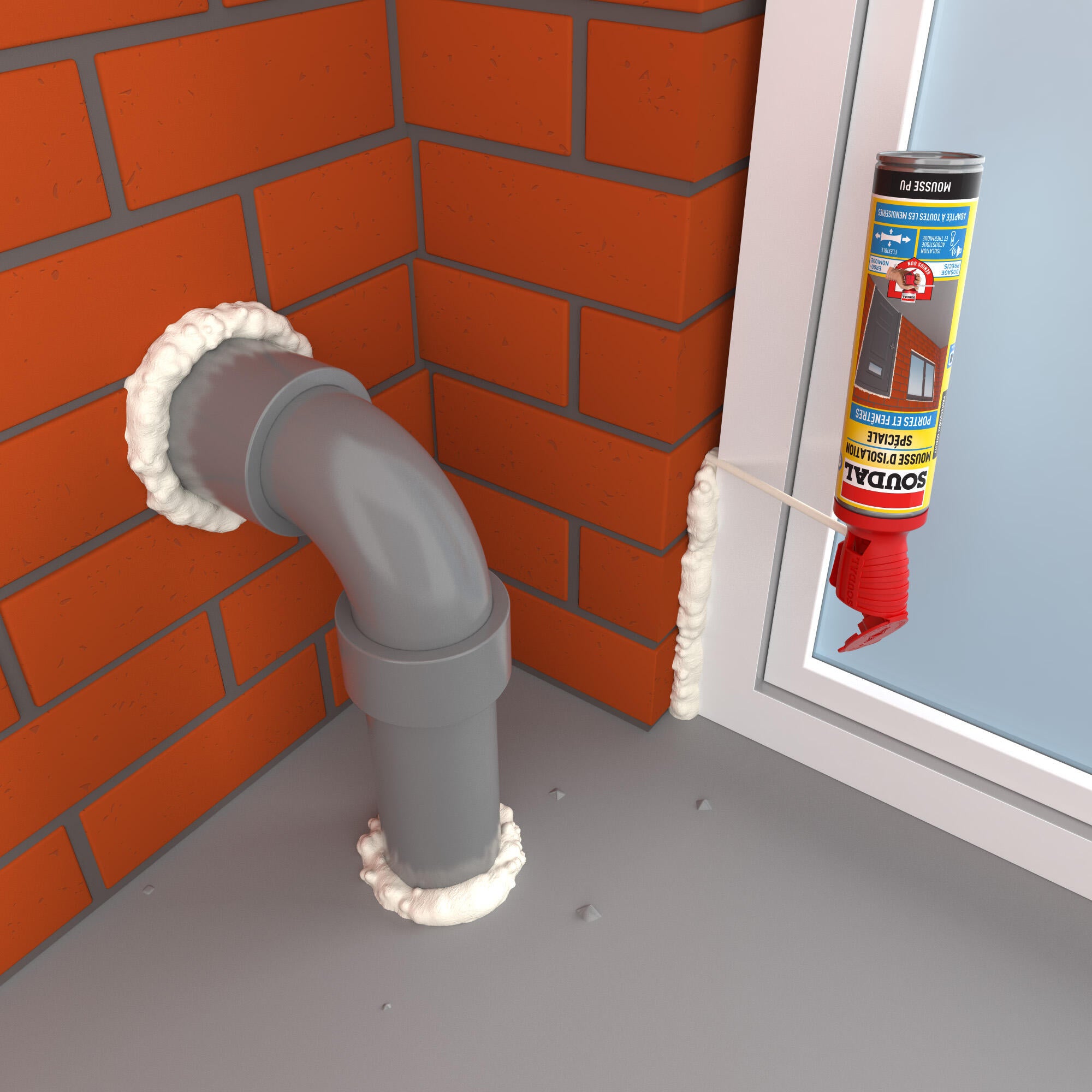 Mousse expansive polyuréthane LMDI menuiserie pistolet intégré 500 ml - SOUDAL - 2