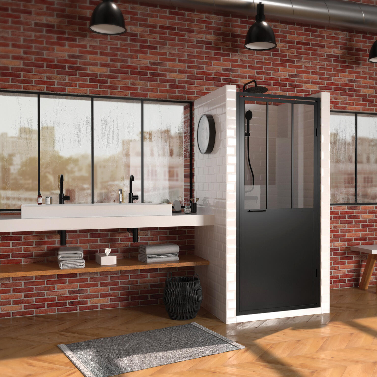 Porte de douche industrielle pivotante transparent, noir 90 cm, Artelo - 3