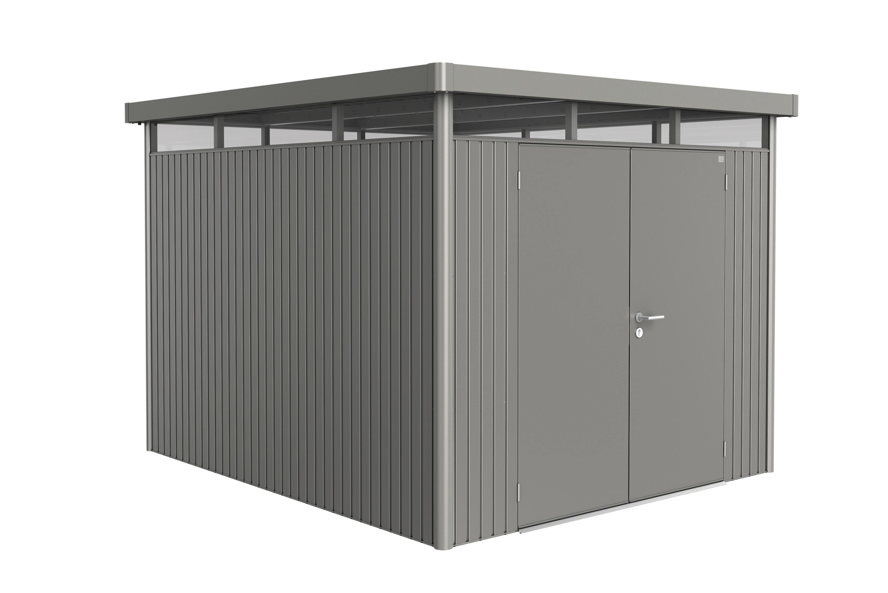Caseta de metal highline de 275x222x315 cm y 8.66 m2 con 0.5 mm espesor y doble puerta abatible biohort